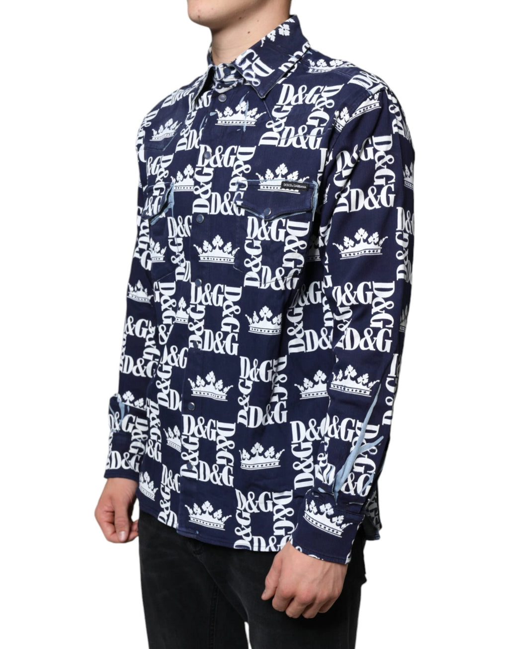 Dolce & Gabbana Blue Crown Logo Print Slim Fit Cotton Shirt by Dolce & Gabbana