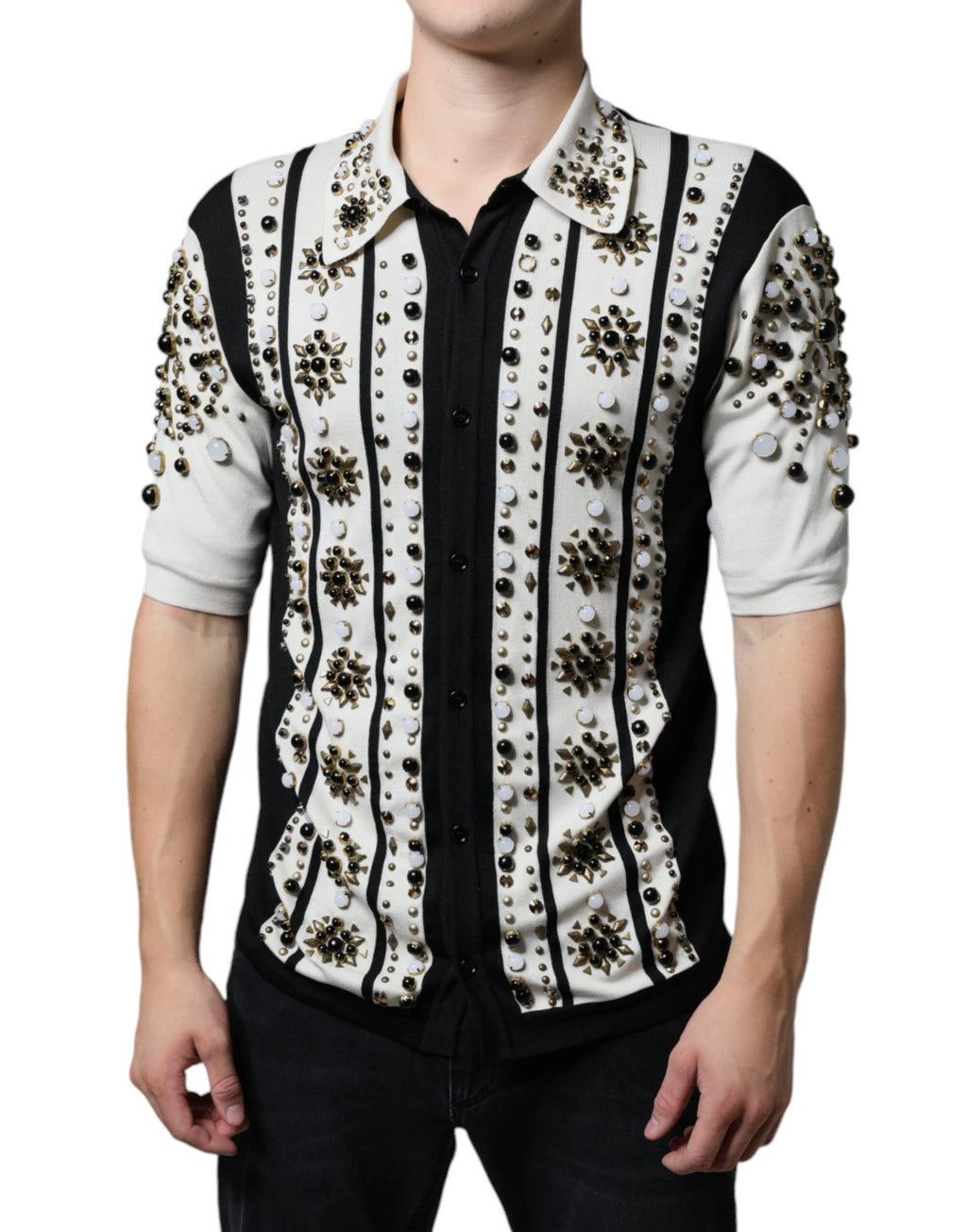 Dolce & Gabbana White Black Silk Studded Stone Crystal Shirt by Dolce & Gabbana