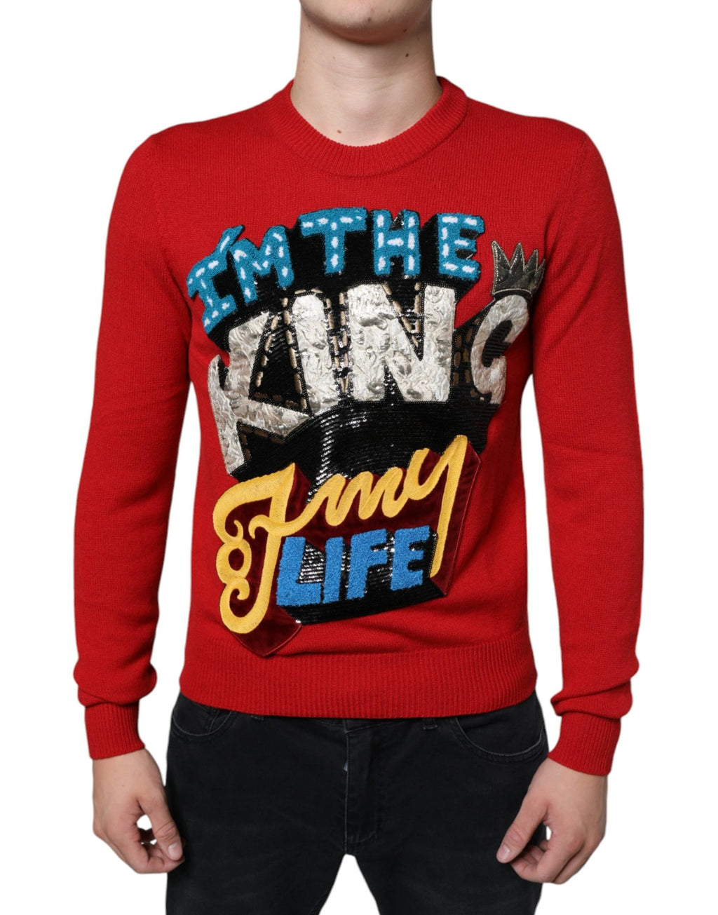 Dolce & Gabbana Red I'm The King Wool Crew Neck Sweatshirt Sweater by Dolce & Gabbana