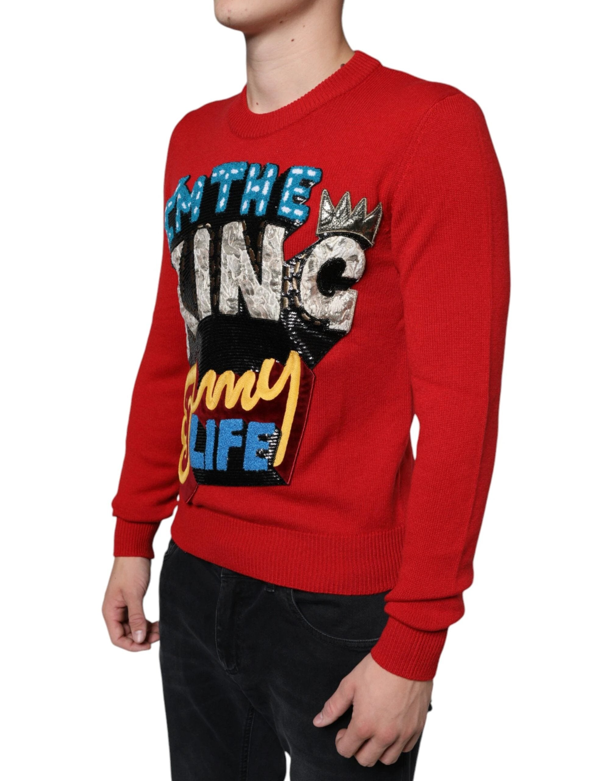 Dolce & Gabbana Red I'm The King Wool Crew Neck Sweatshirt Sweater by Dolce & Gabbana