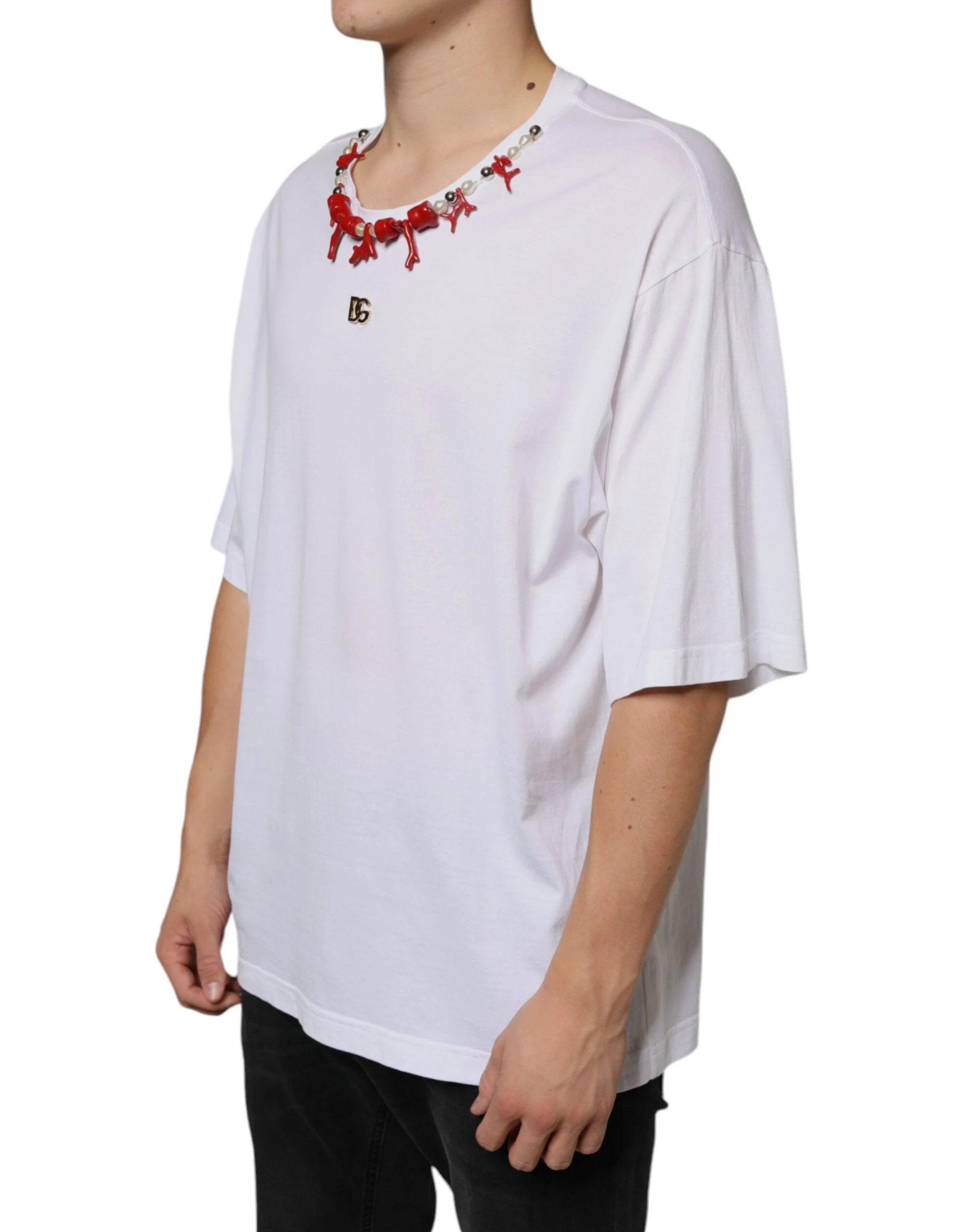 Dolce & Gabbana White Cotton Necklace Embellished T-shirt by Dolce & Gabbana