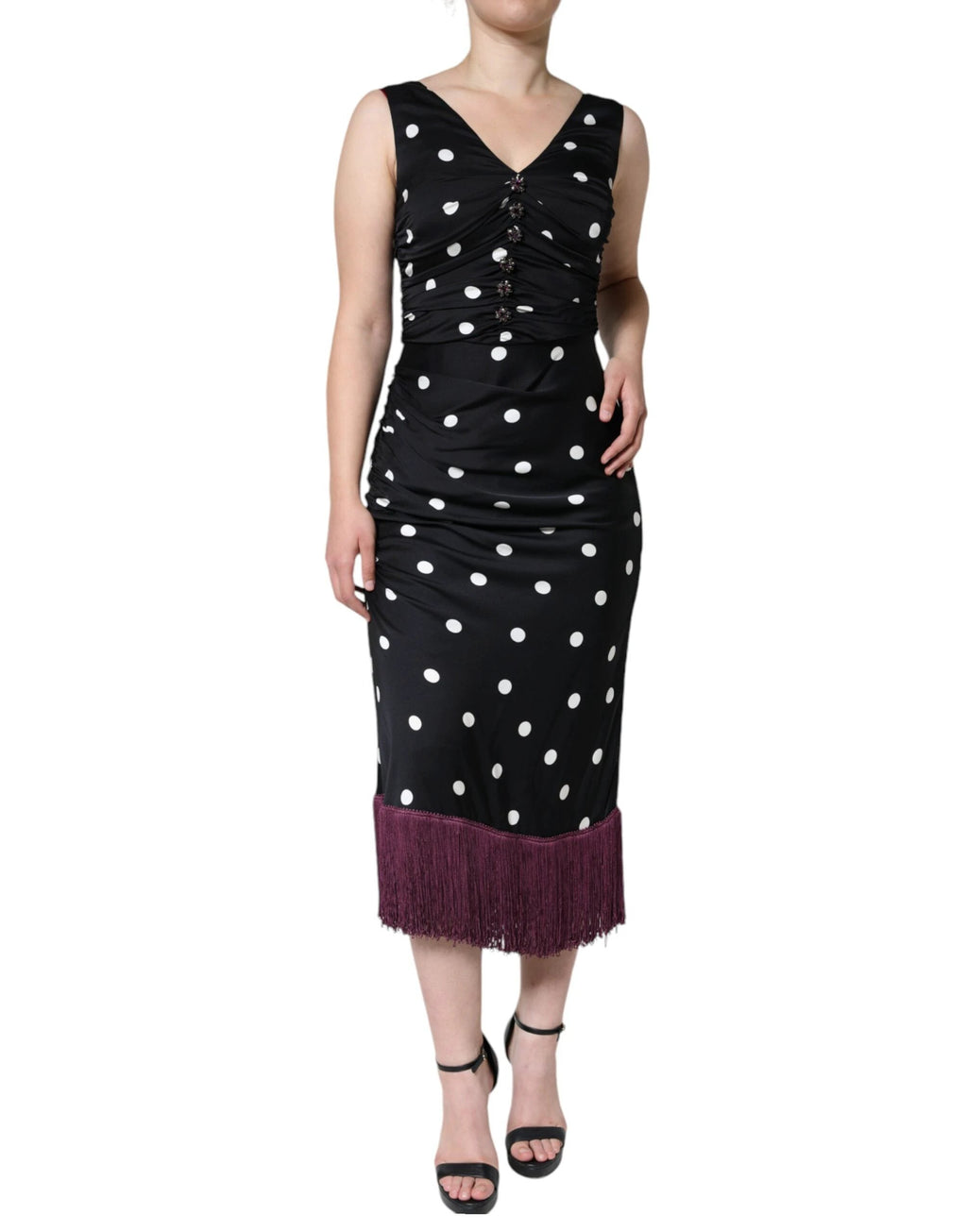 Dolce & Gabbana Black Silk Polka Dot Vneck Tassel Midi Dress by Dolce & Gabbana