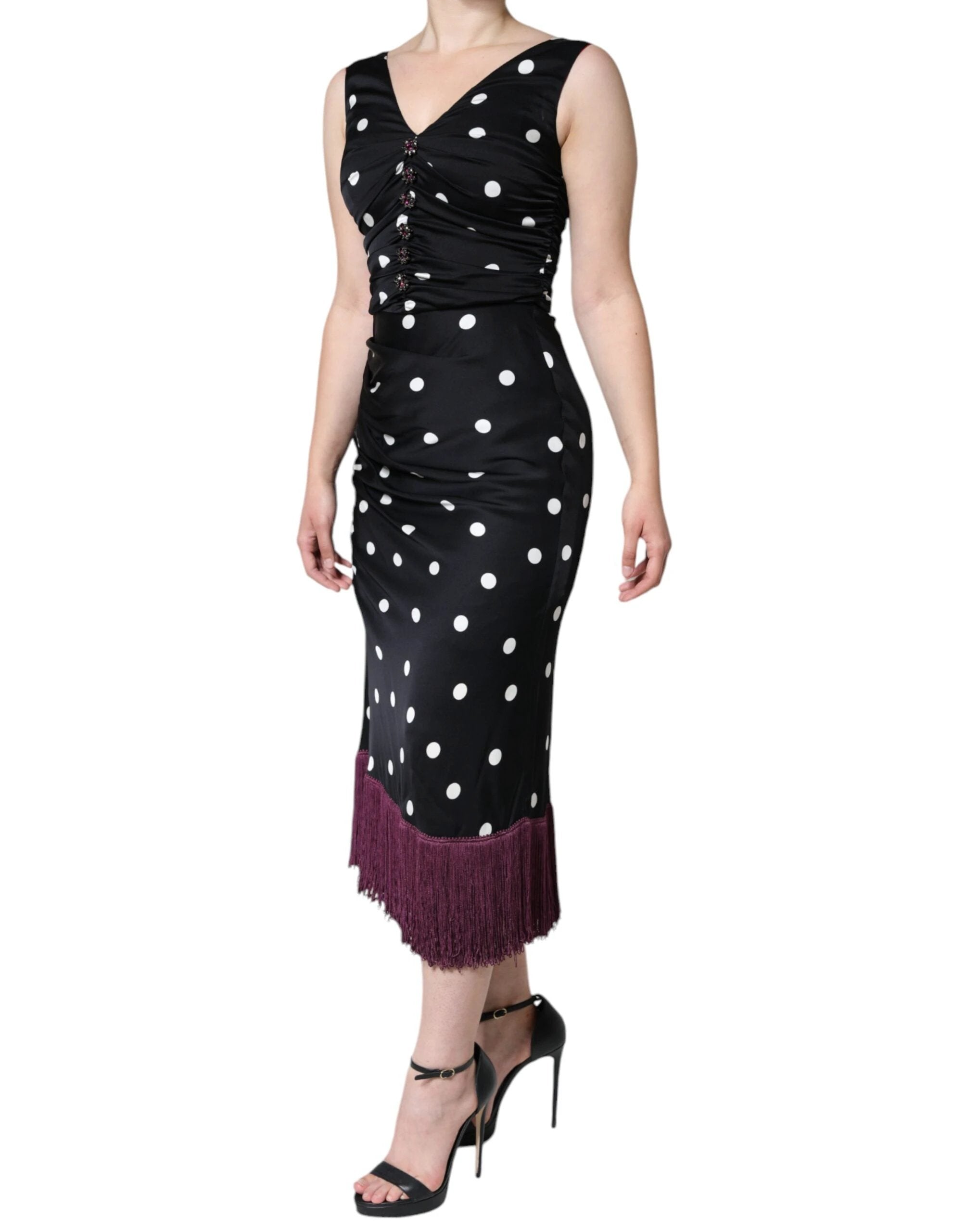 Dolce & Gabbana Black Silk Polka Dot Vneck Tassel Midi Dress by Dolce & Gabbana