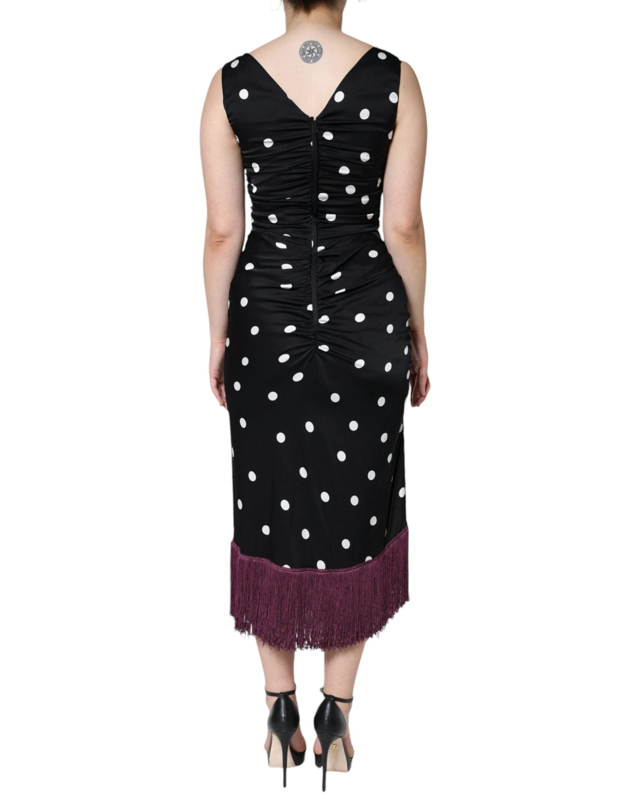 Dolce & Gabbana Black Silk Polka Dot Vneck Tassel Midi Dress by Dolce & Gabbana