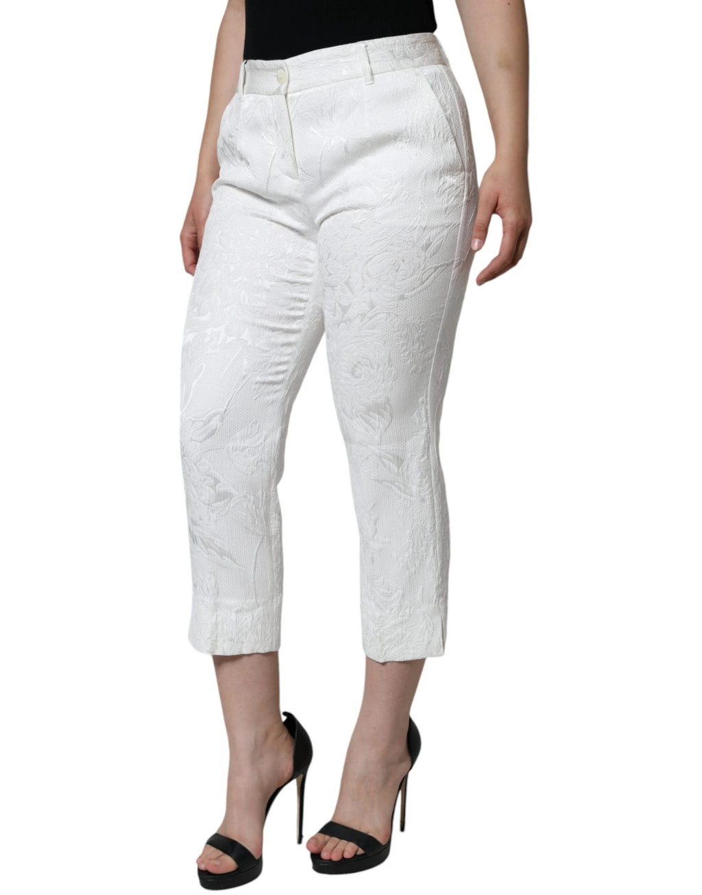 Dolce & Gabbana White Floral Brocade Cotton Cropped Pants by Dolce & Gabbana