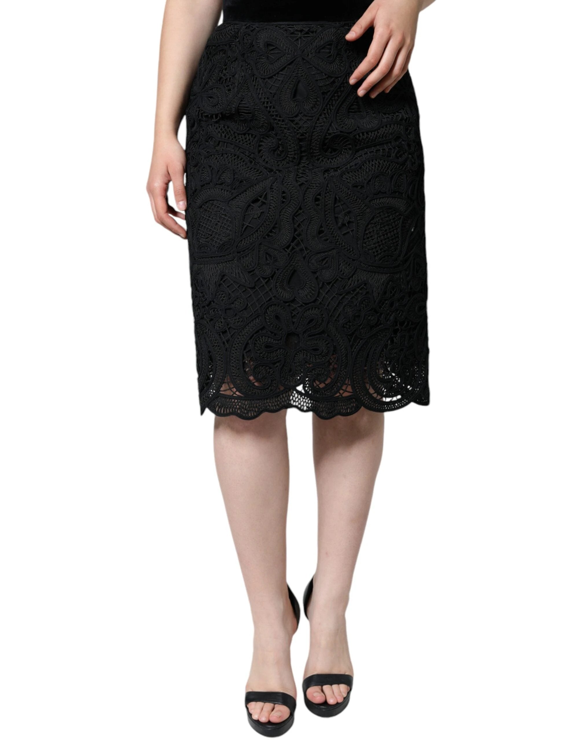 Dolce & Gabbana Black Floral Lace HighWaist Pencil Cut Skirt by Dolce & Gabbana