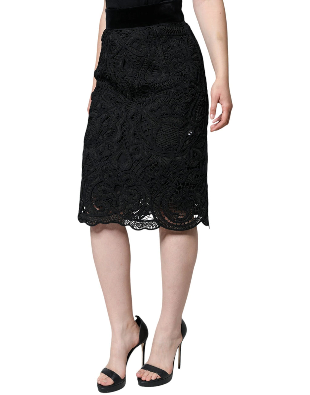 Dolce & Gabbana Black Floral Lace HighWaist Pencil Cut Skirt by Dolce & Gabbana