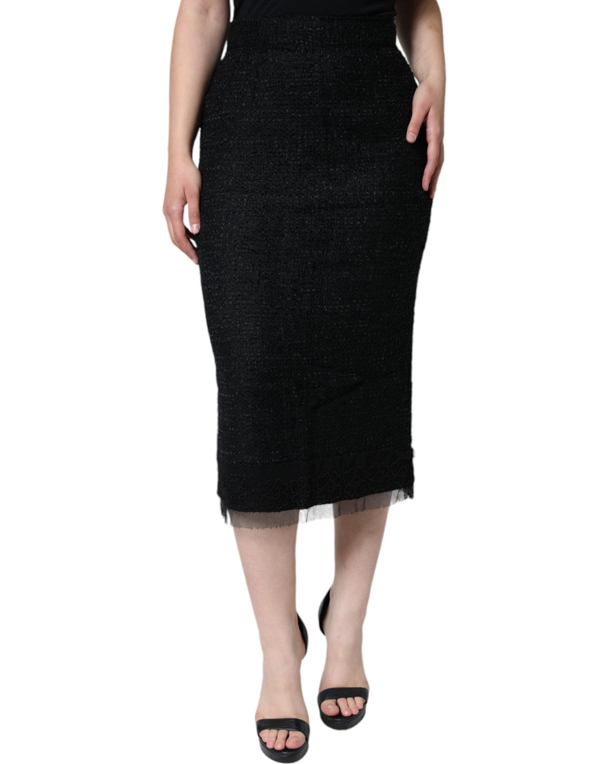 Dolce & Gabbana Black Virgin Wool Pencil Cut Midi Skirt by Dolce & Gabbana