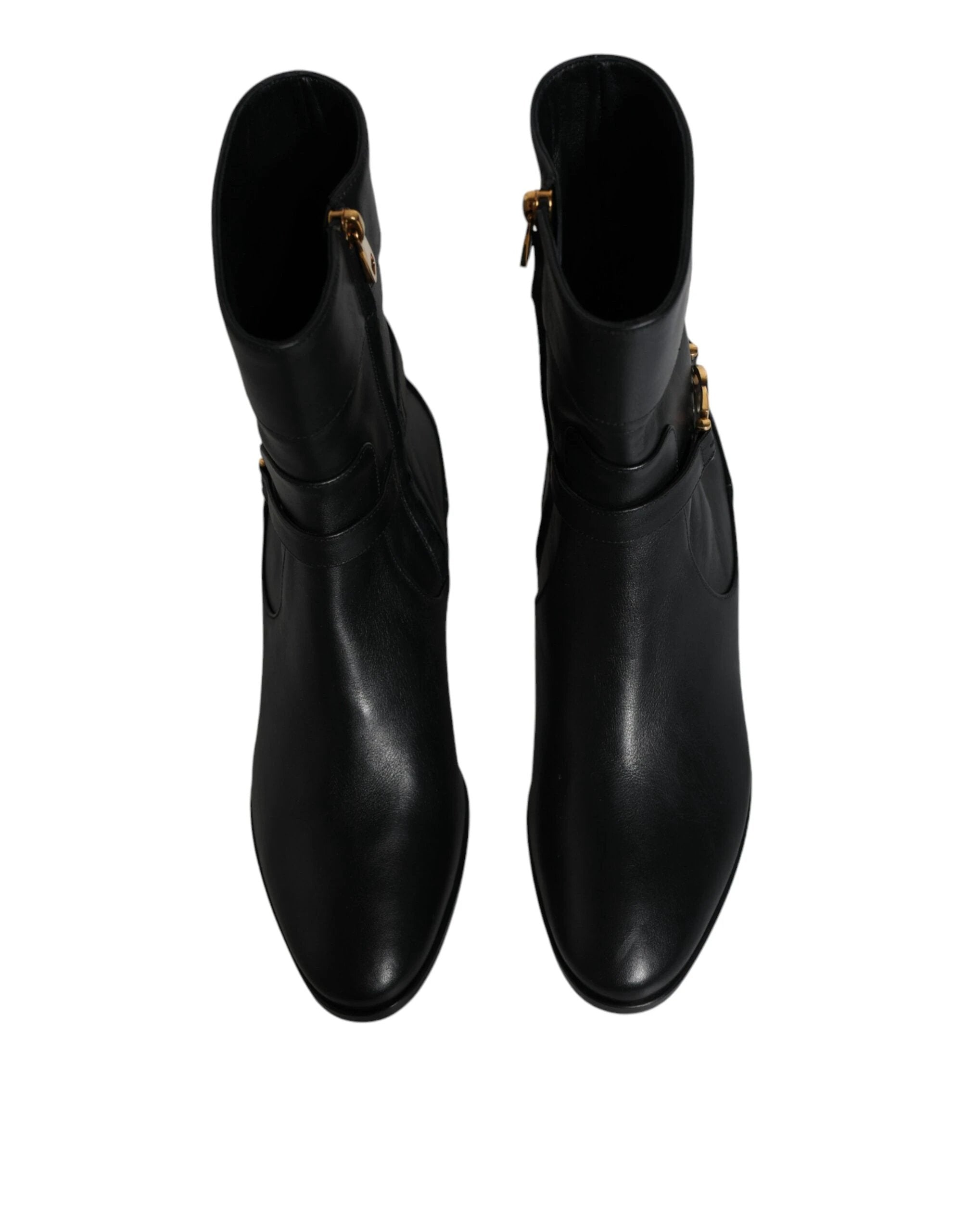 Dolce & Gabbana Black Leather Logo Mid Calf Boots Shoes by Dolce & Gabbana