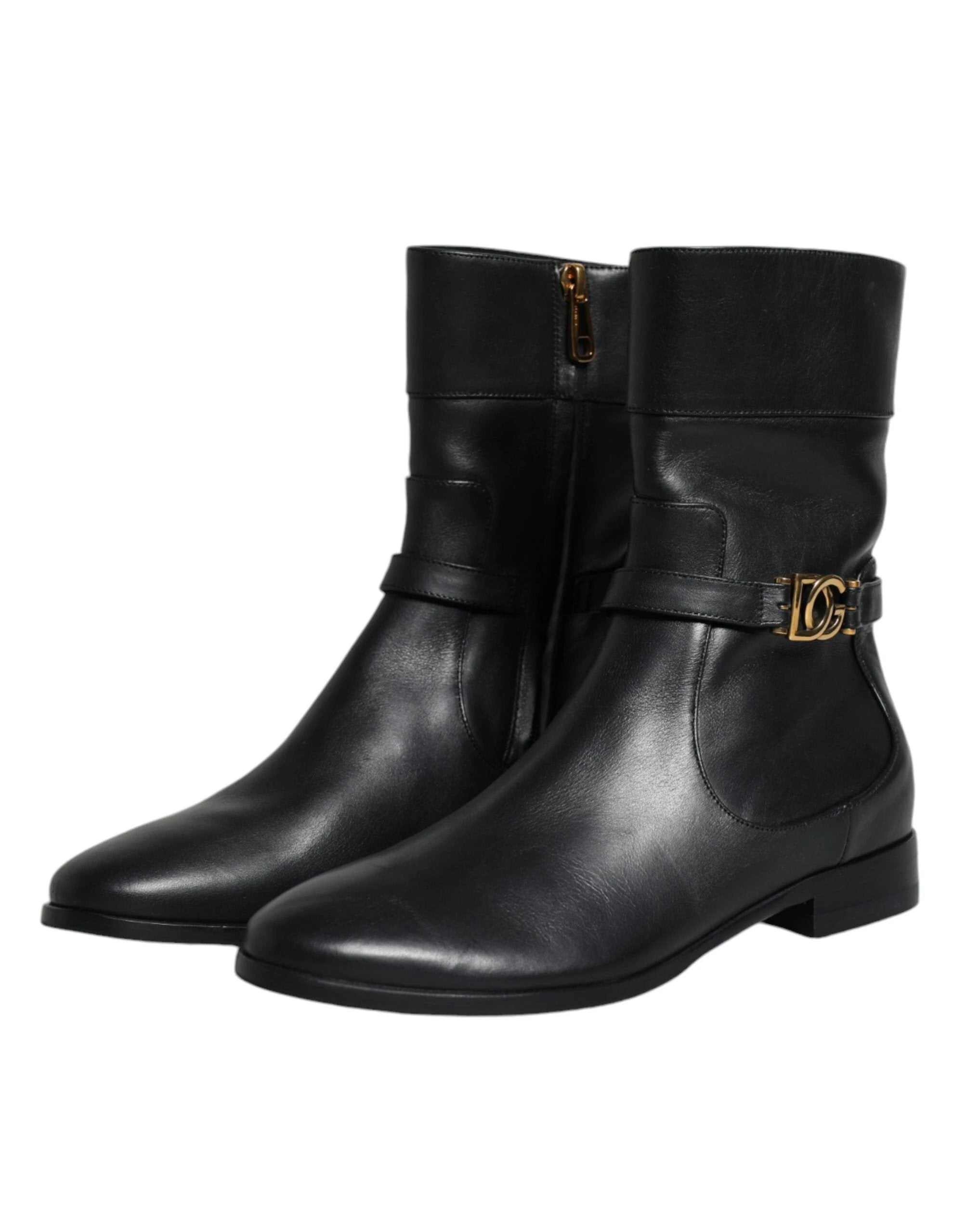 Dolce & Gabbana Black Leather Logo Mid Calf Boots Shoes by Dolce & Gabbana