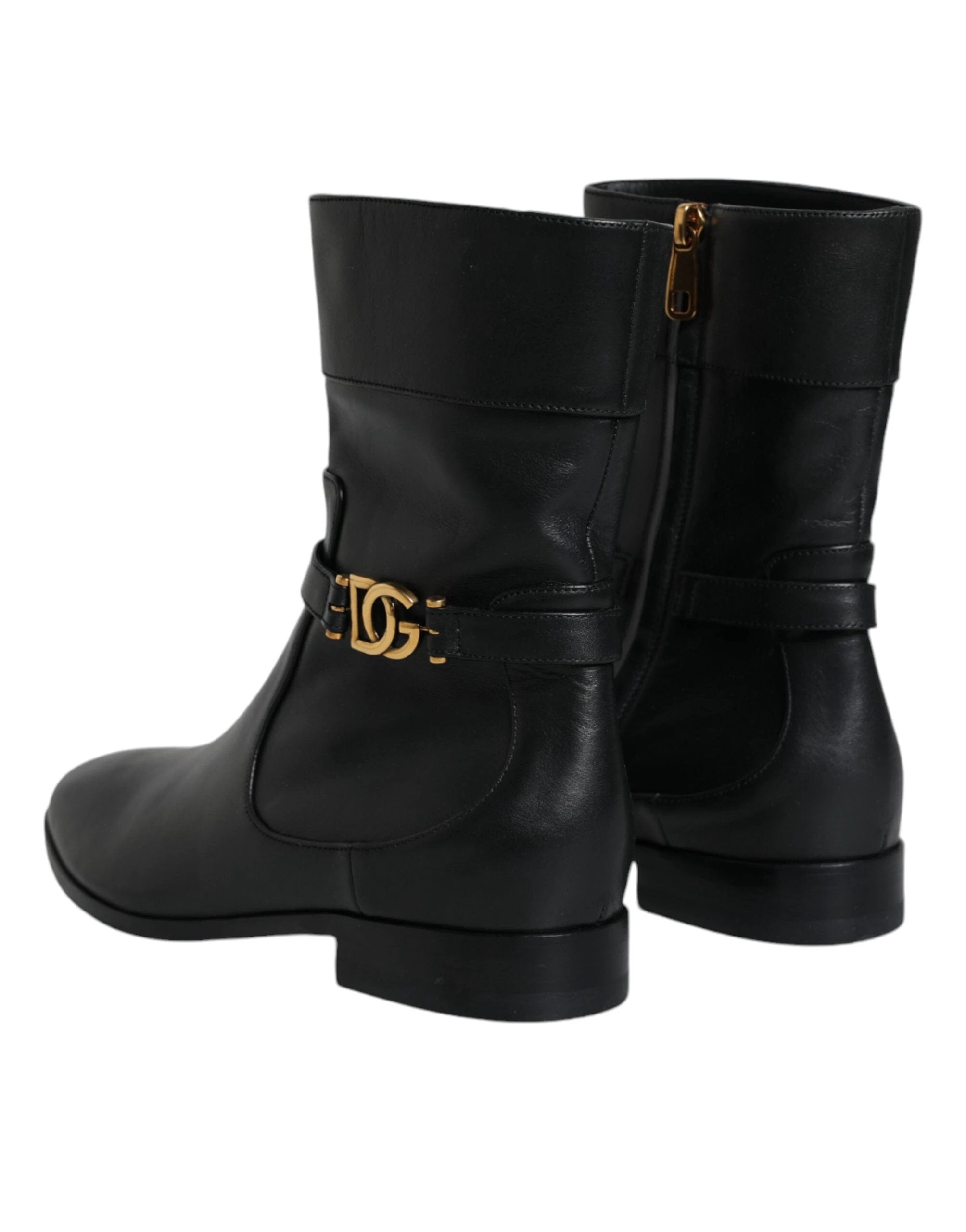 Dolce & Gabbana Black Leather Logo Mid Calf Boots Shoes by Dolce & Gabbana
