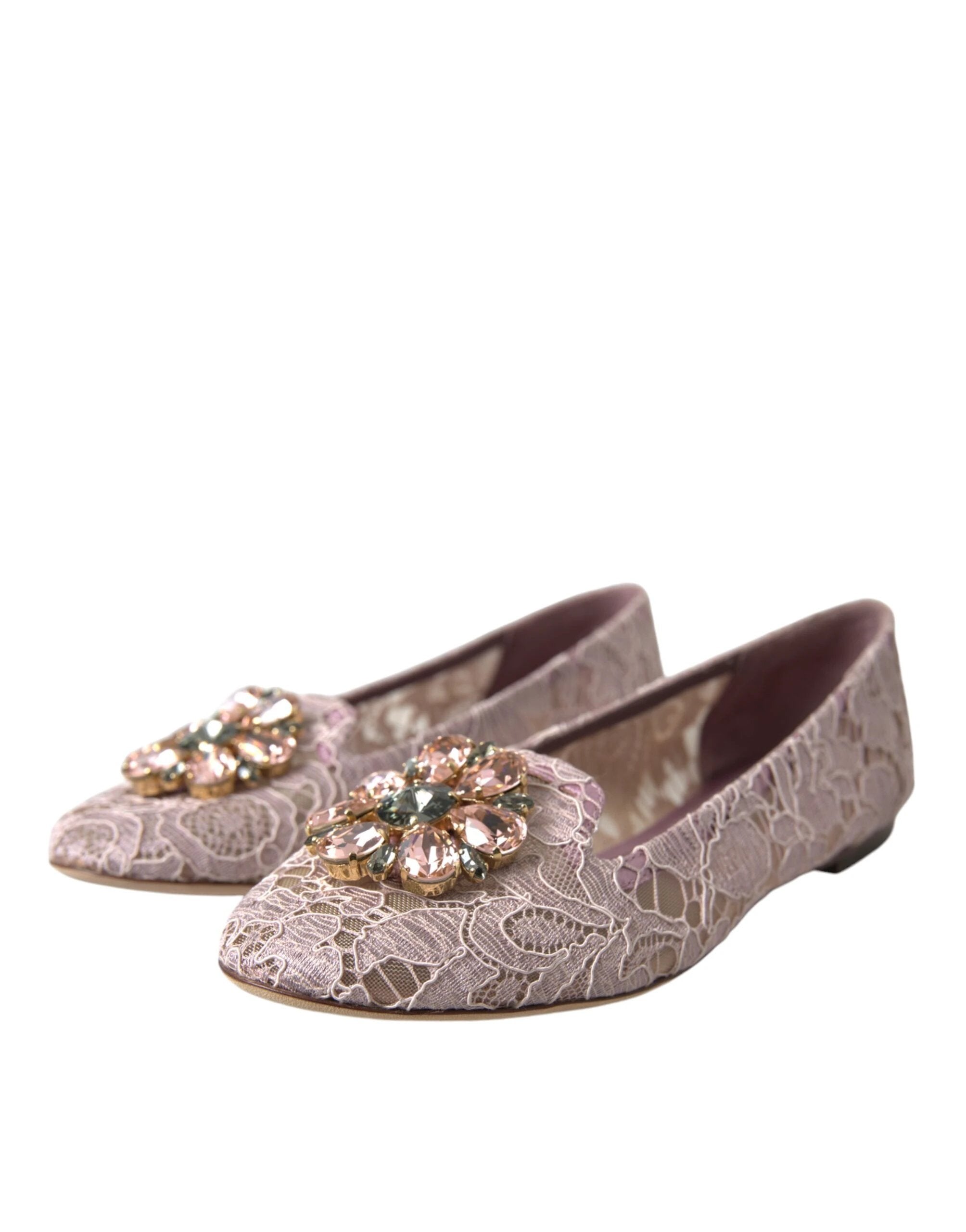Dolce & Gabbana Pink Lace Crystal Ballet Flats Loafers Shoes by Dolce & Gabbana