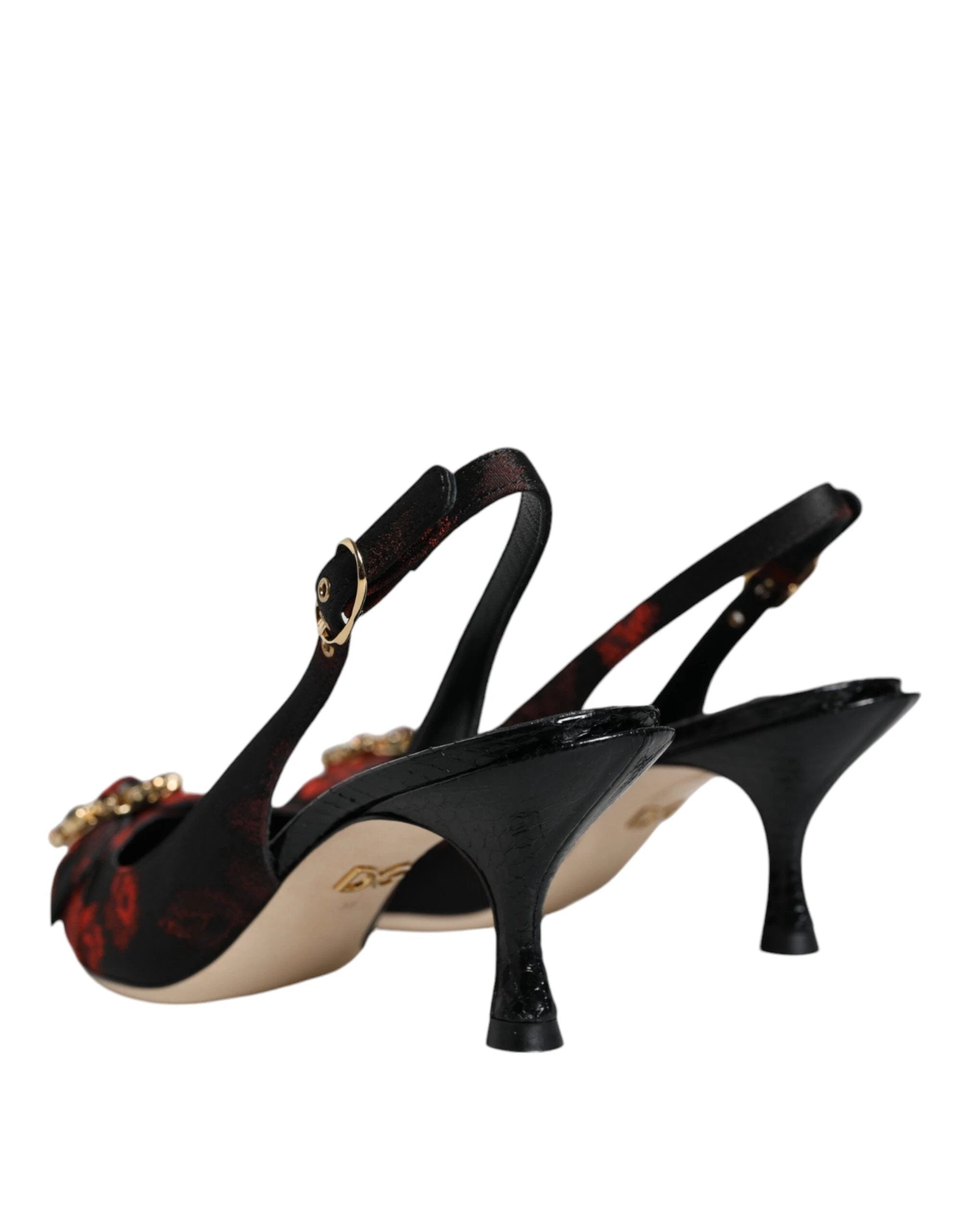 Dolce & Gabbana Black Red Floral Crystal Heel Slingback Shoes by Dolce & Gabbana