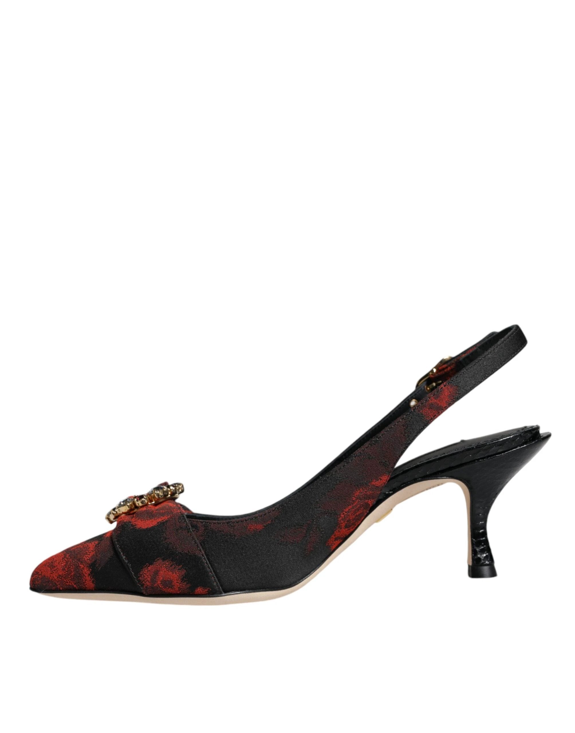 Dolce & Gabbana Black Red Floral Crystal Heel Slingback Shoes by Dolce & Gabbana