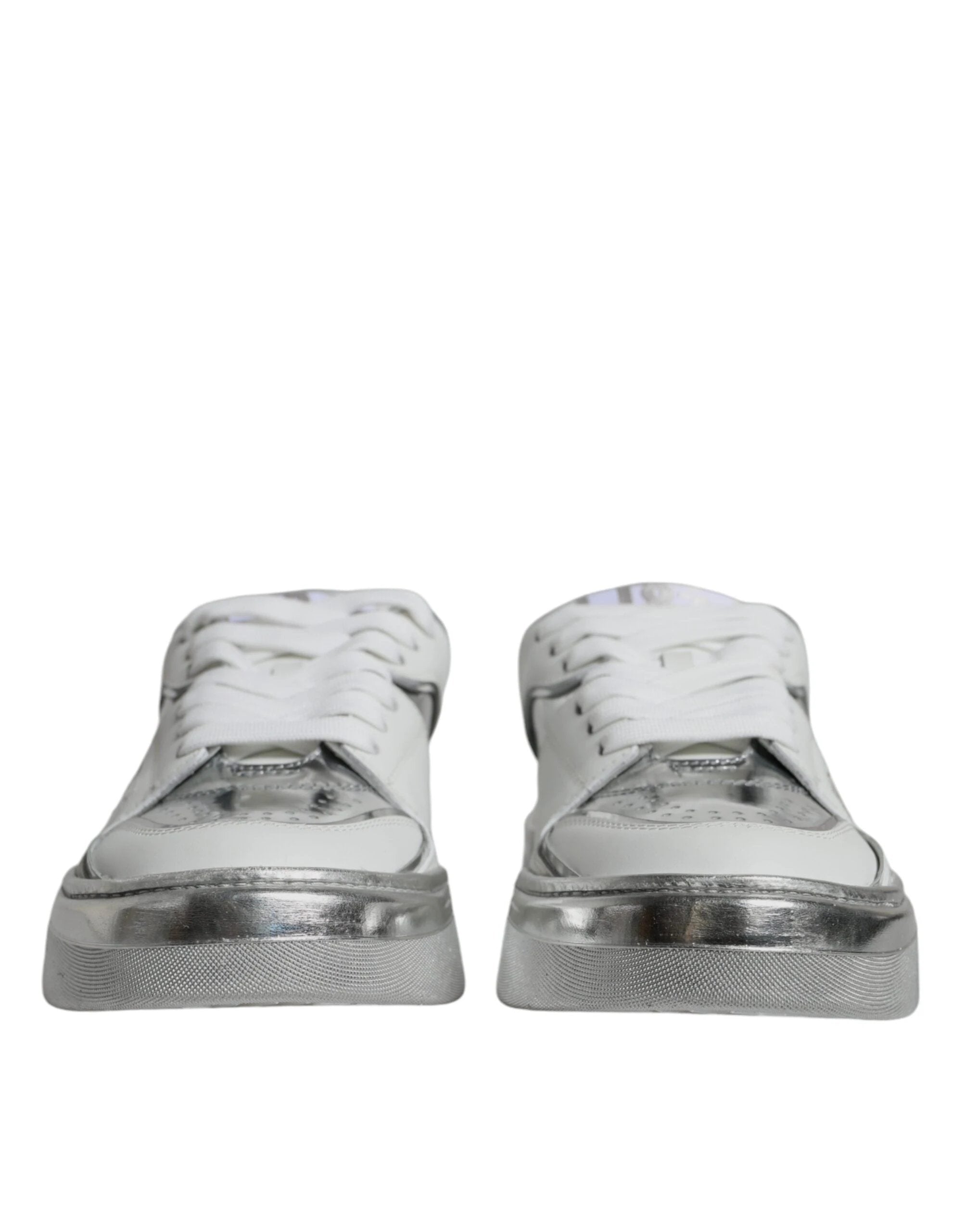 Dolce & Gabbana White Silver Leather Low Top Sneakers Shoes by Dolce & Gabbana