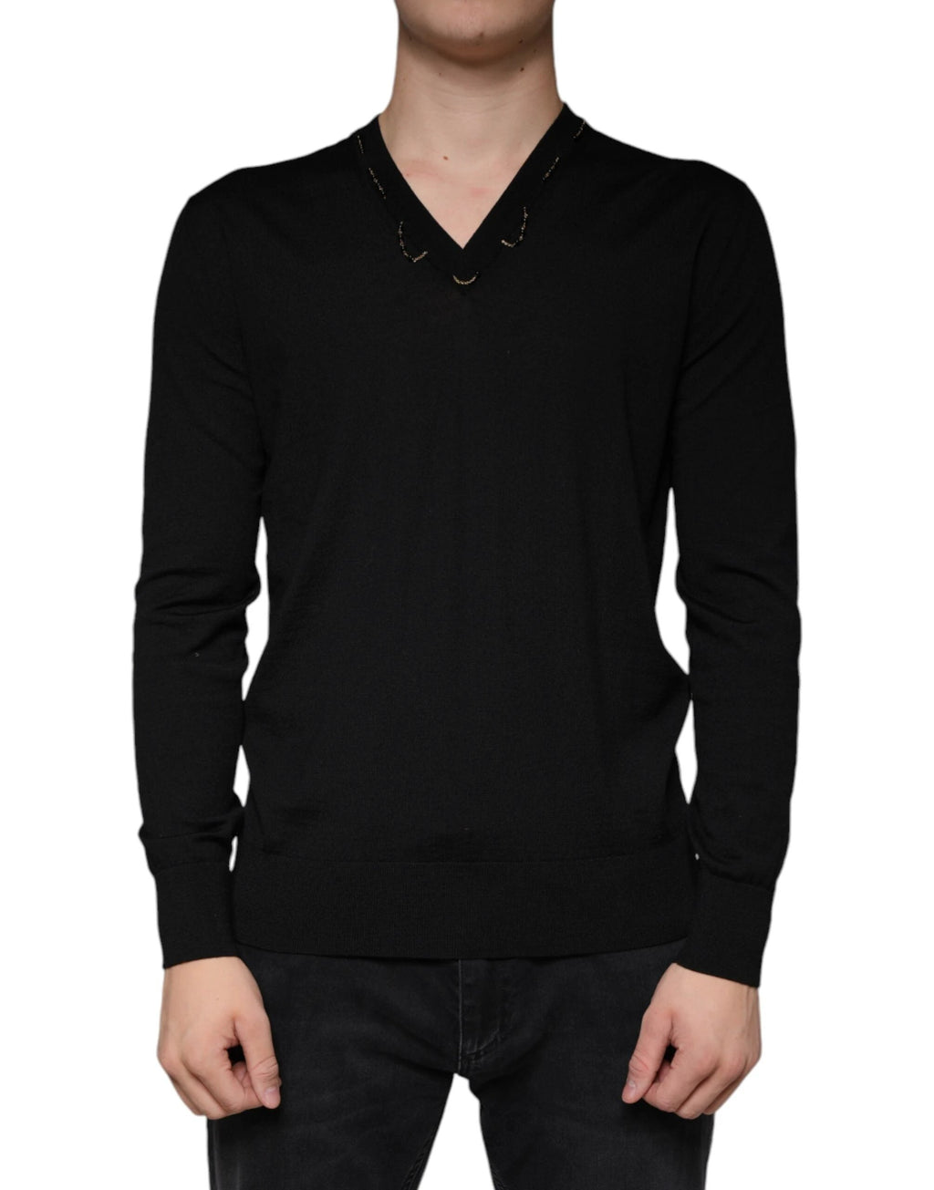 Dolce & Gabbana Black Embellished V-neck Pullover Sweater by Dolce & Gabbana
