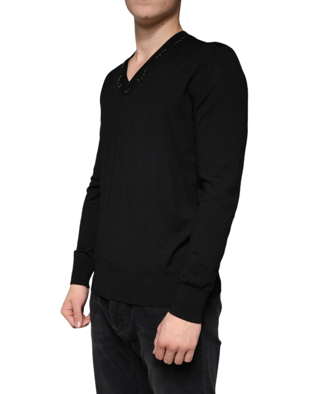 Dolce & Gabbana Black Embellished V-neck Pullover Sweater by Dolce & Gabbana