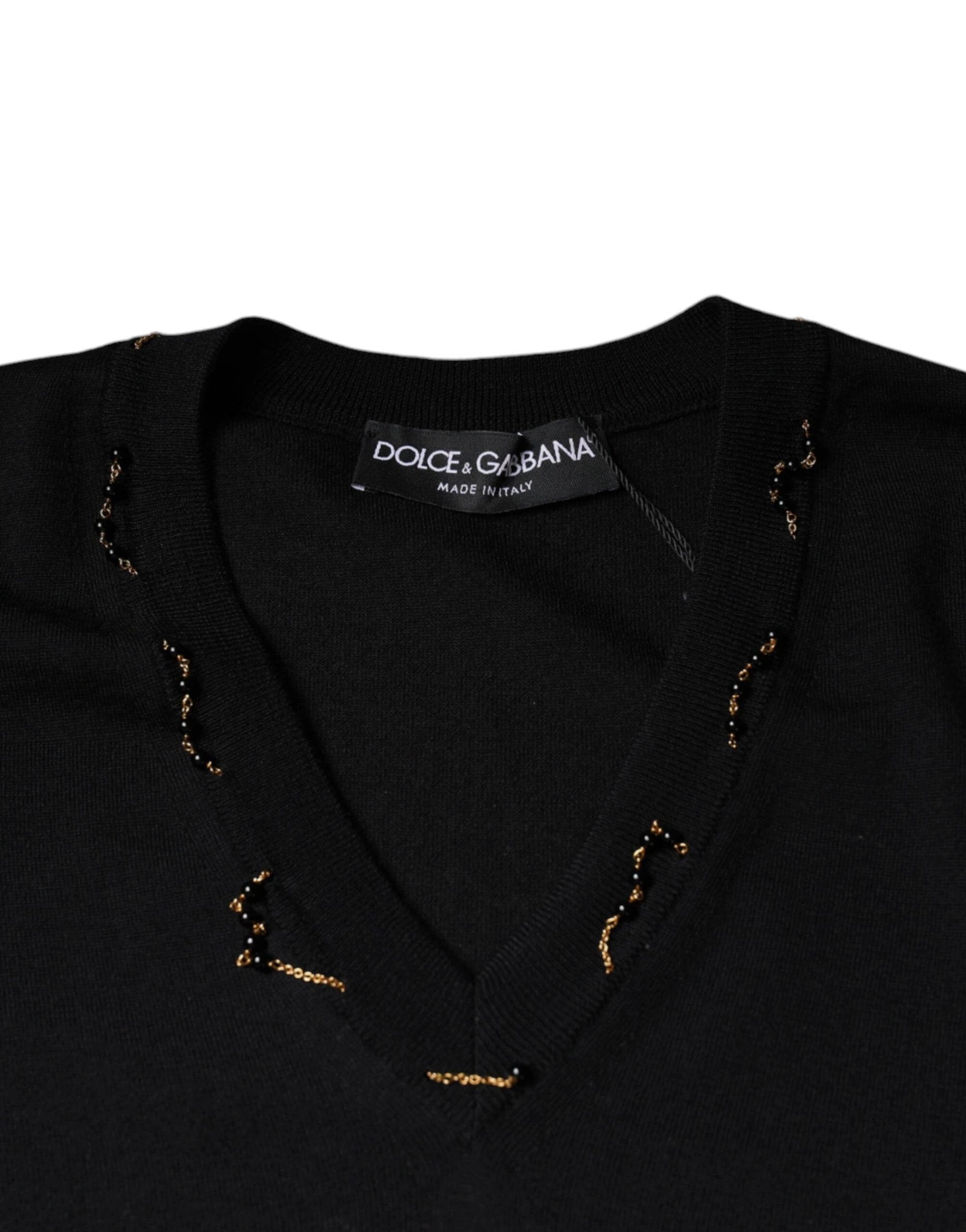 Dolce & Gabbana Black Embellished V-neck Pullover Sweater by Dolce & Gabbana