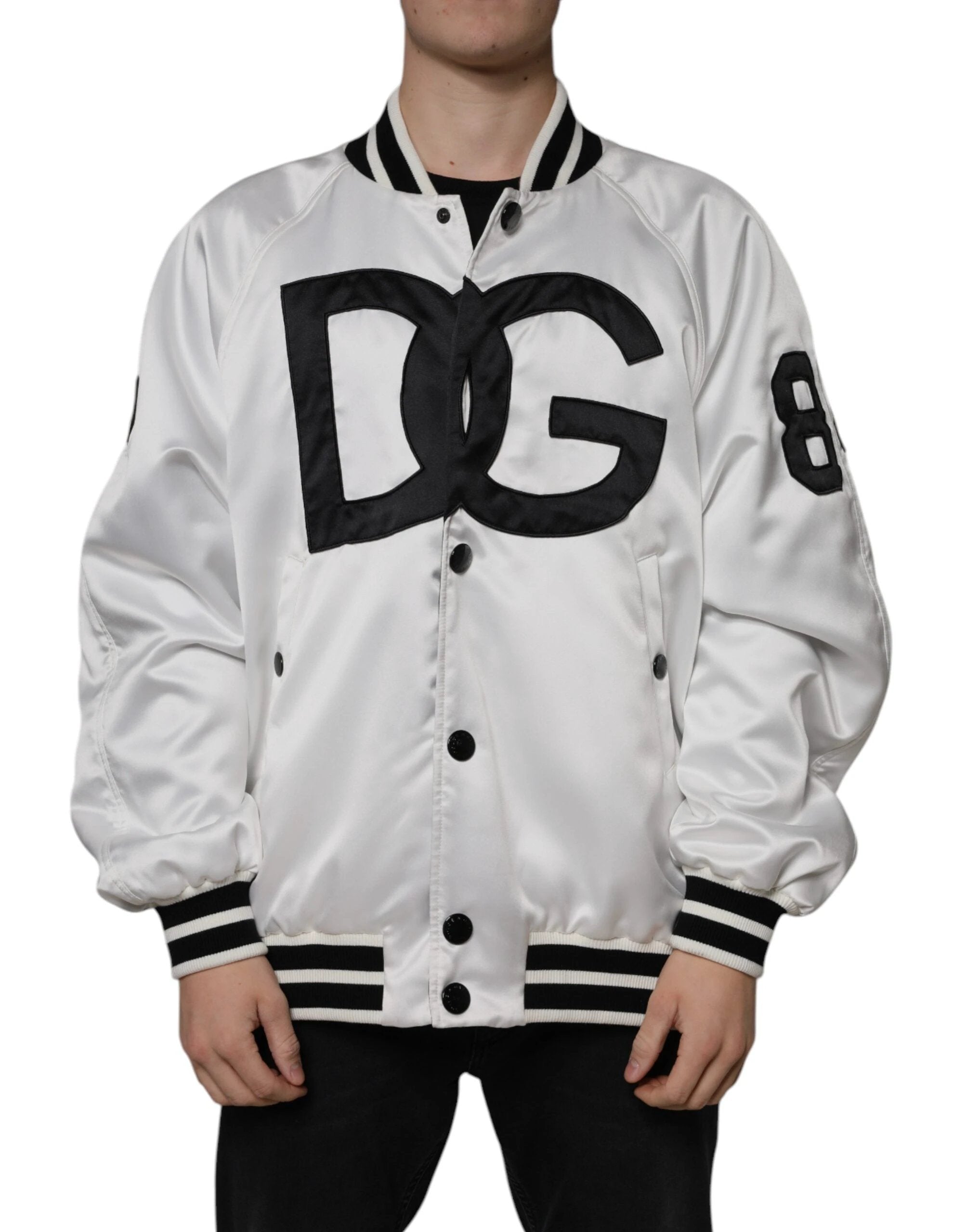 Dolce & Gabbana White Polyester Logo Full Zip Bomber Jacket by Dolce & Gabbana