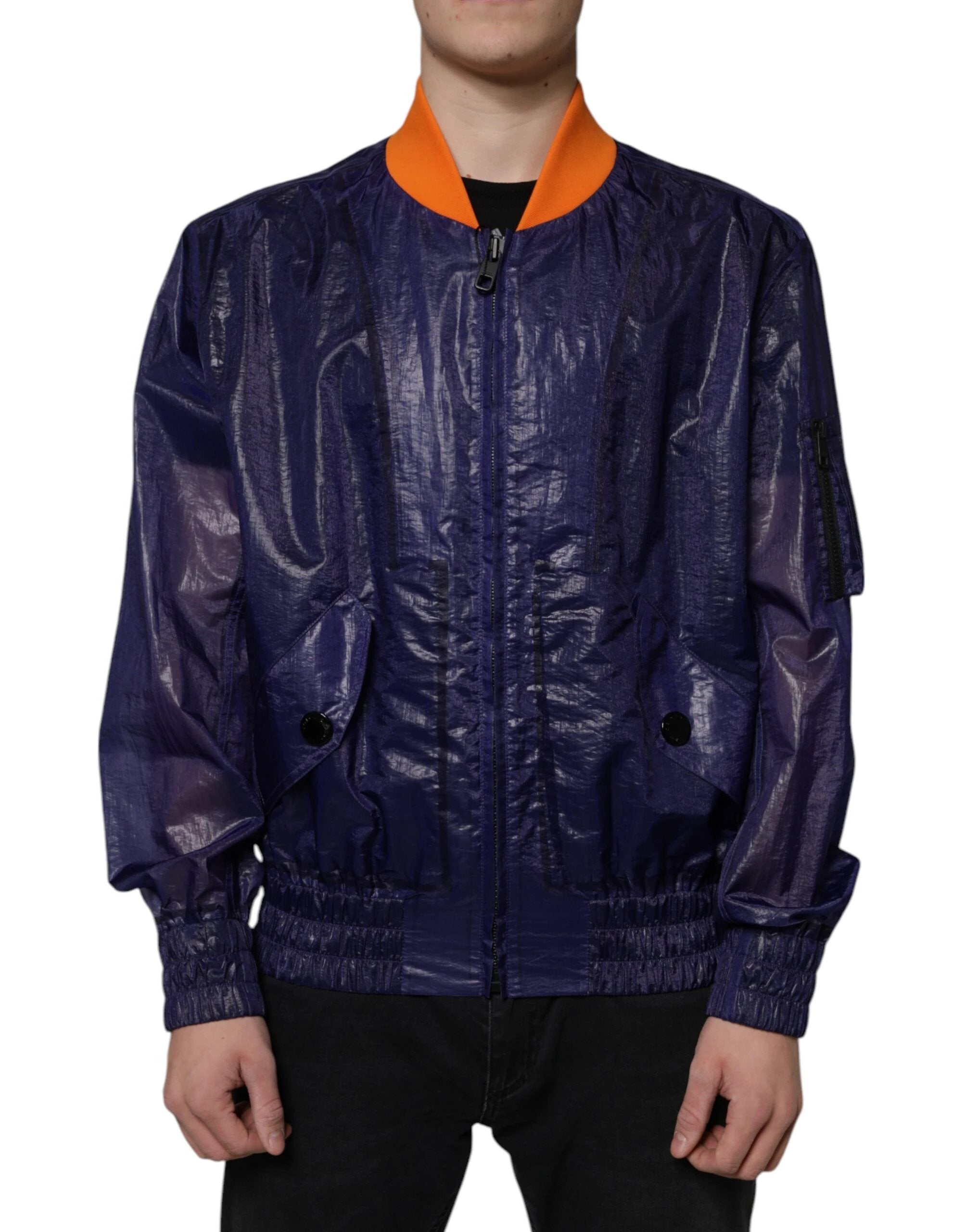 Dolce & Gabbana Blue Cotton Stretch Full Zip Bomber Jacket by Dolce & Gabbana