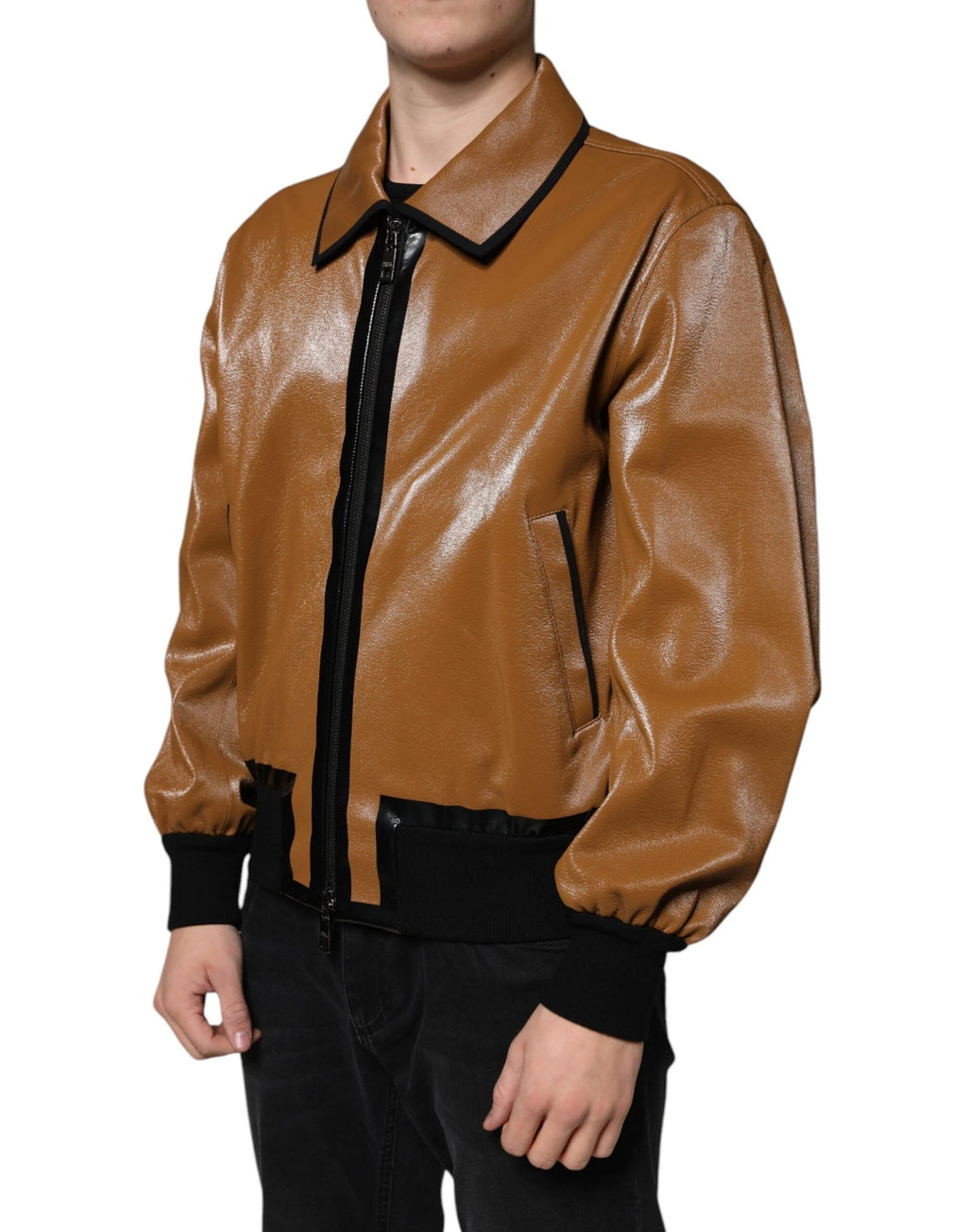 Dolce & Gabbana Brown Leather Full Zip Men Bomber Jacket by Dolce & Gabbana