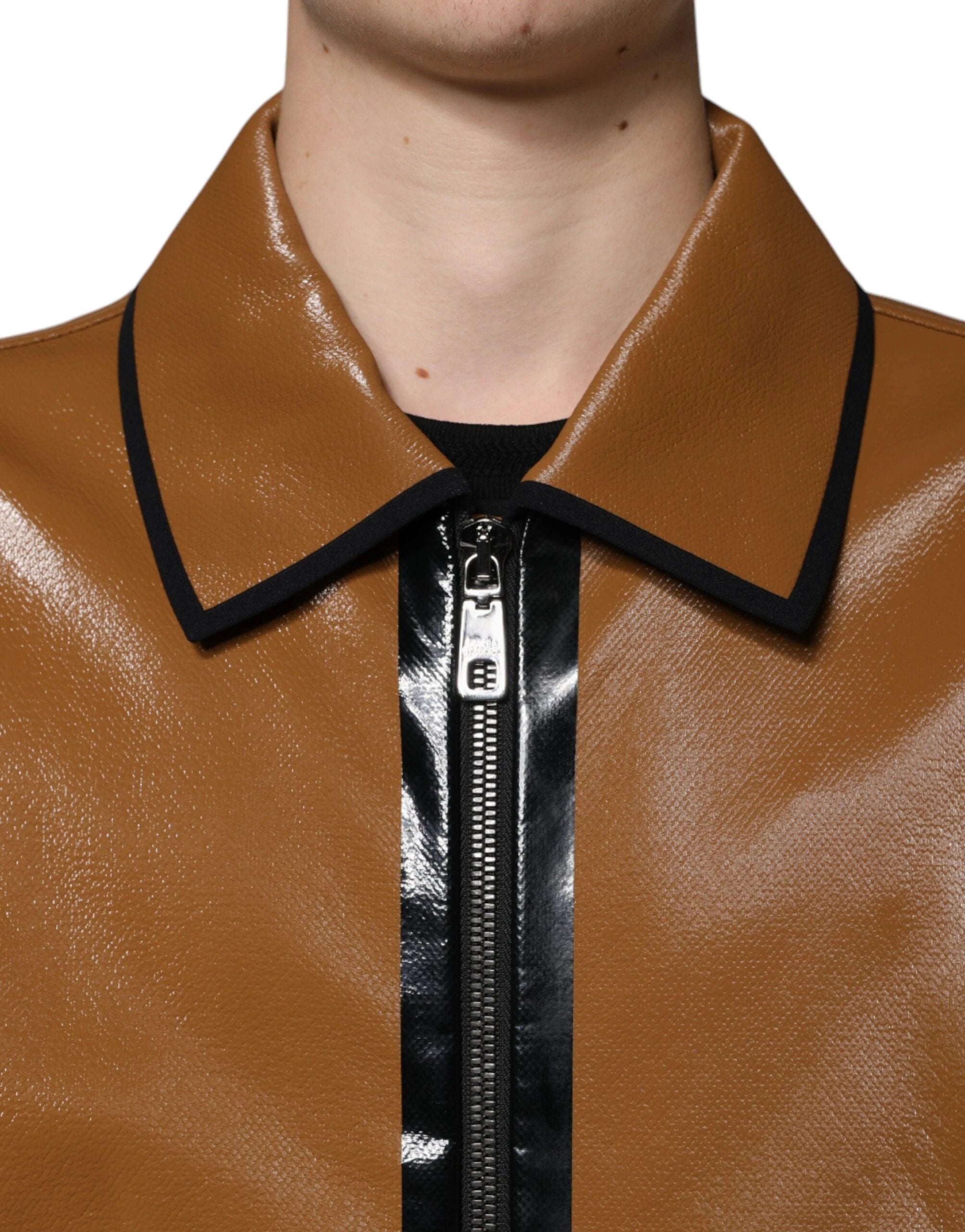 Dolce & Gabbana Brown Leather Full Zip Men Bomber Jacket by Dolce & Gabbana
