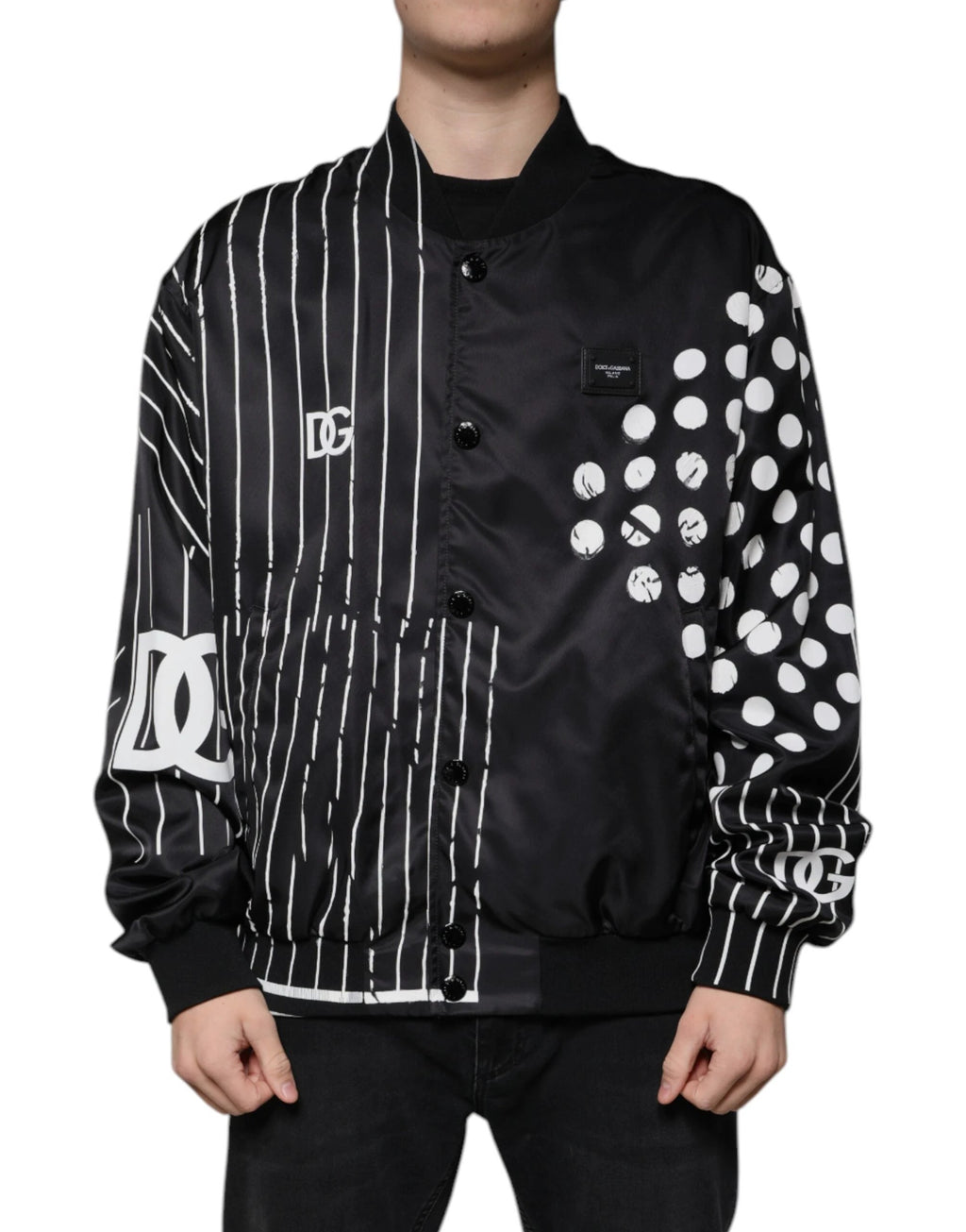 Dolce & Gabbana Black Polka Dot Stripe Nylon Bomber Jacket by Dolce & Gabbana