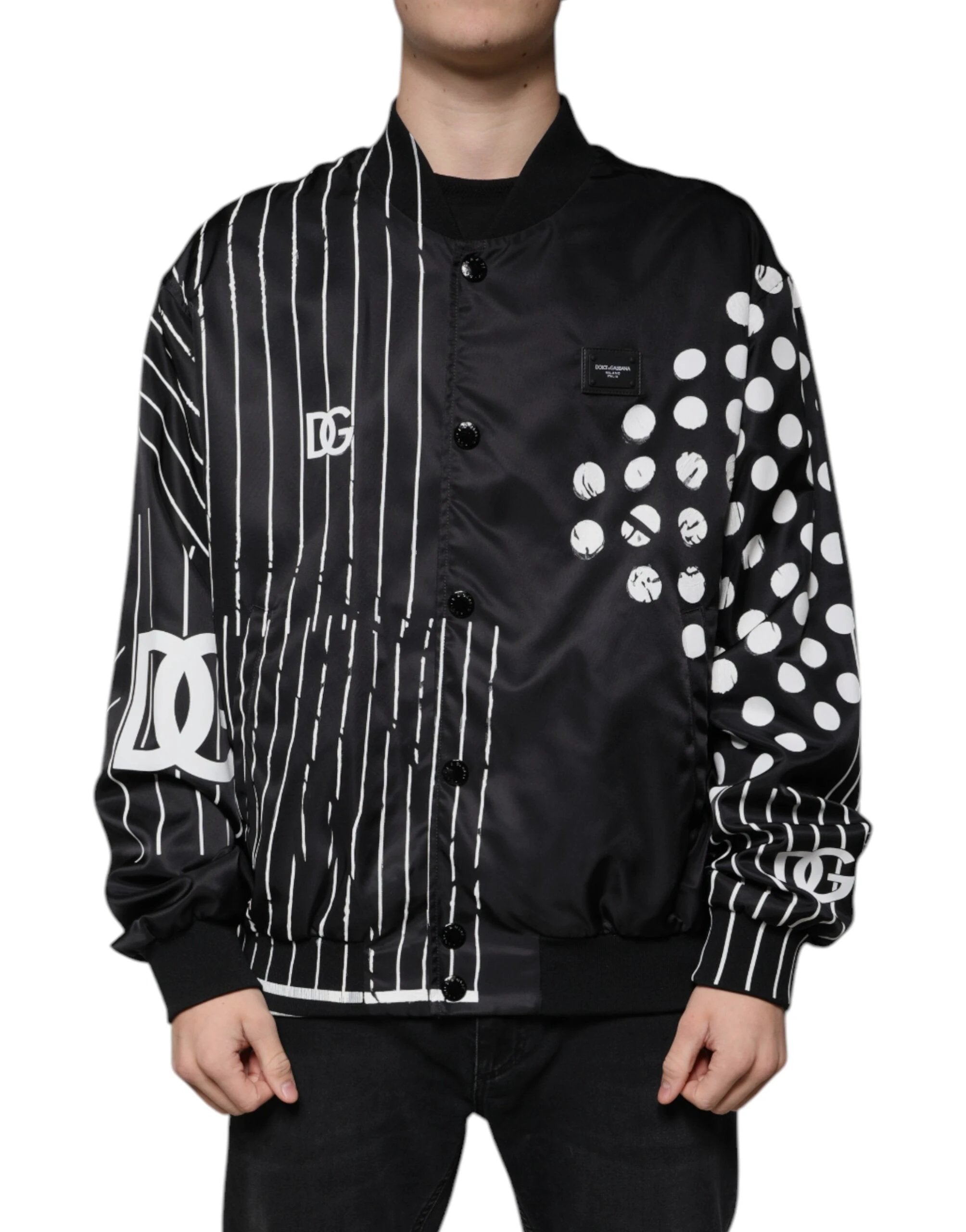 Dolce & Gabbana Black Polka Dot Stripe Nylon Bomber Jacket by Dolce & Gabbana