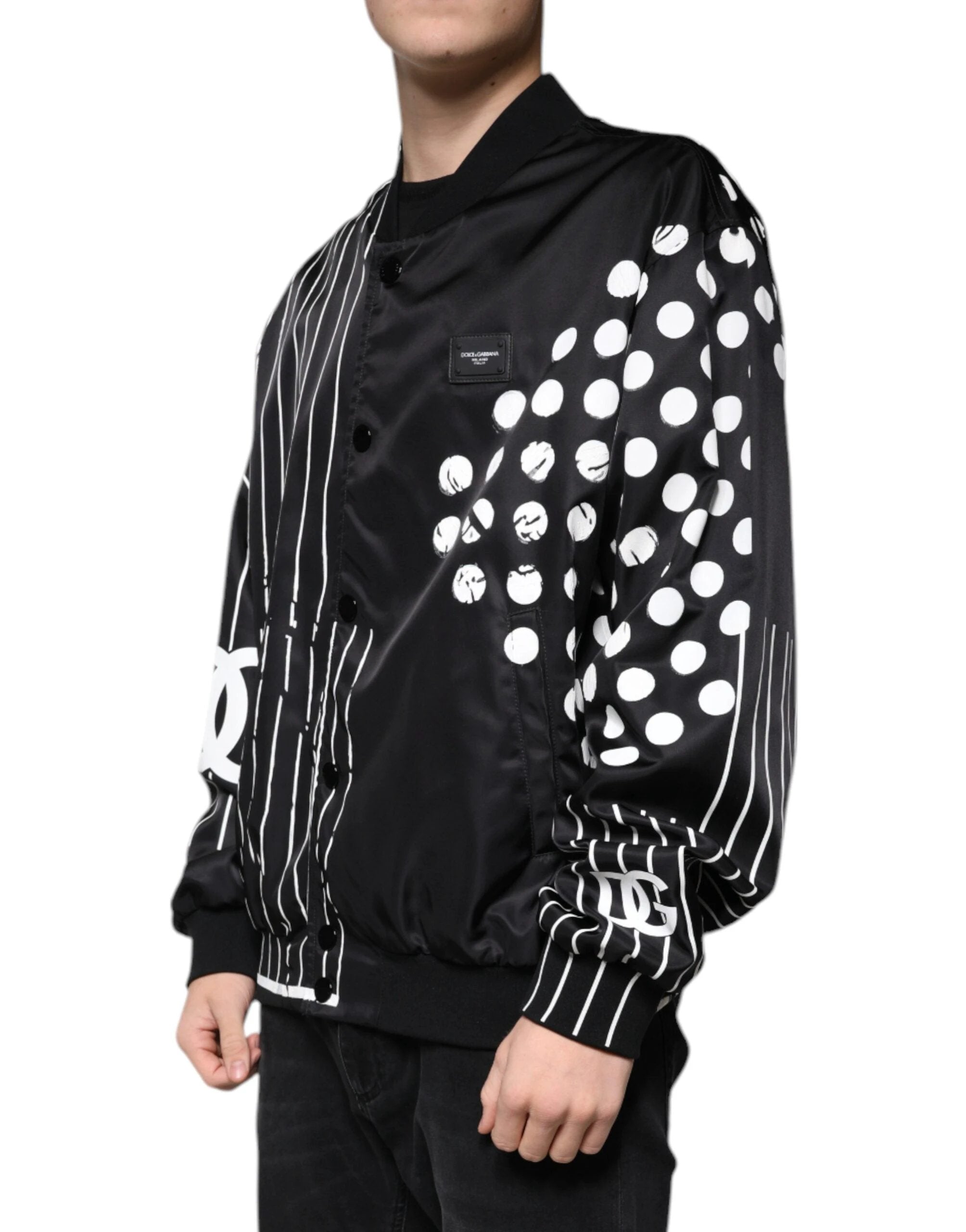Dolce & Gabbana Black Polka Dot Stripe Nylon Bomber Jacket by Dolce & Gabbana
