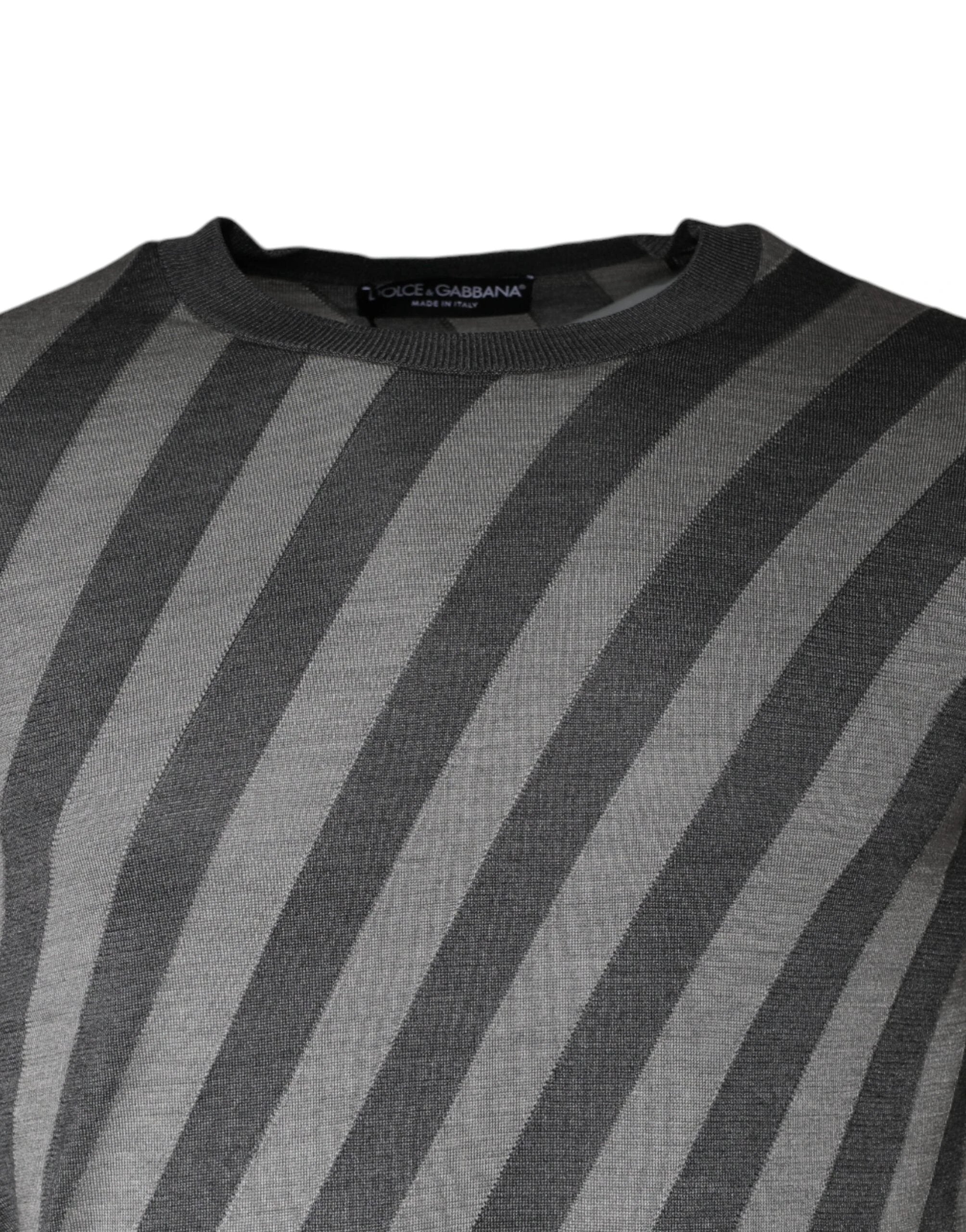 Dolce & Gabbana Gray Stripes Long Sleeve Round Neck Pullover Sweater by Dolce & Gabbana