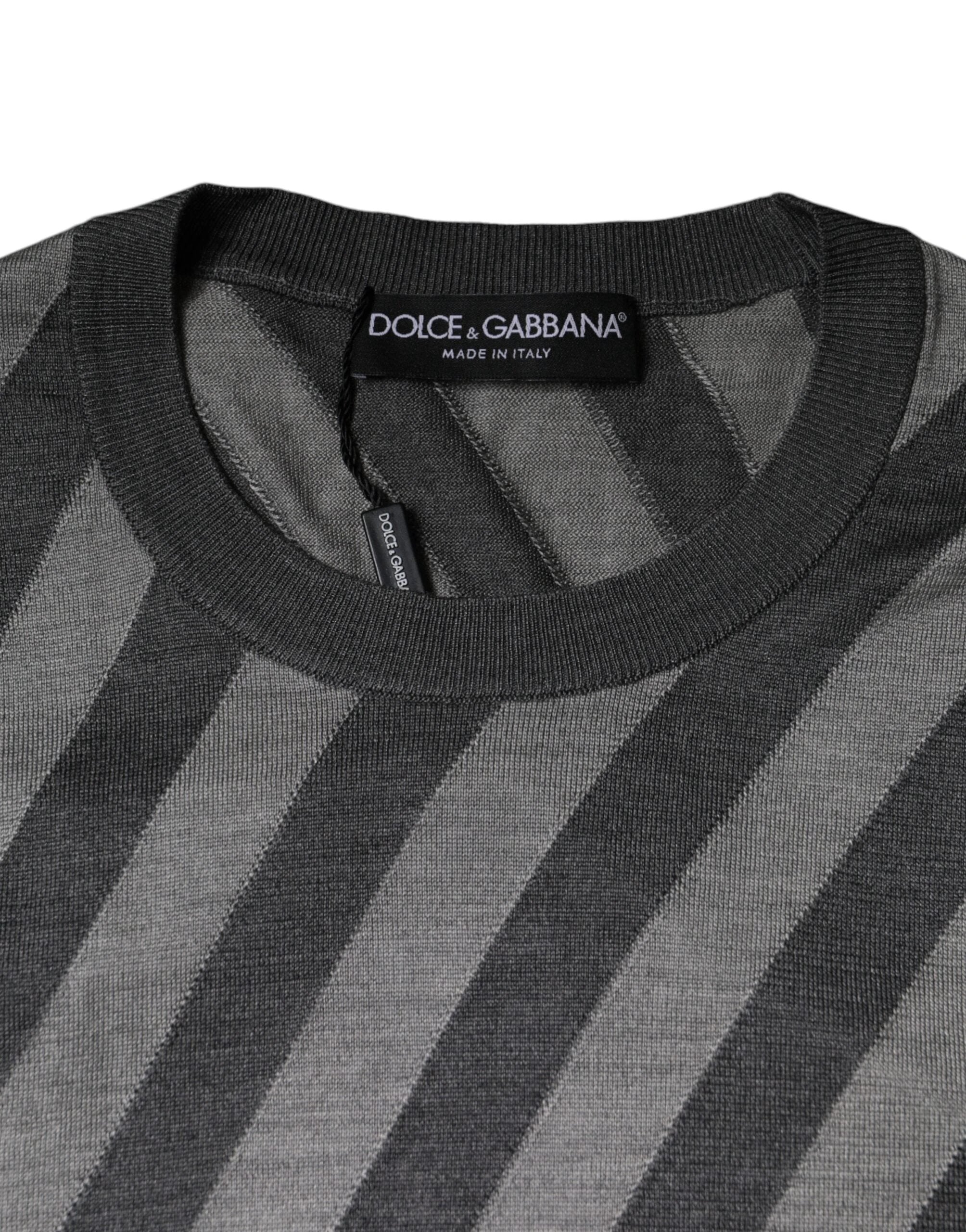Dolce & Gabbana Gray Stripes Long Sleeve Round Neck Pullover Sweater by Dolce & Gabbana