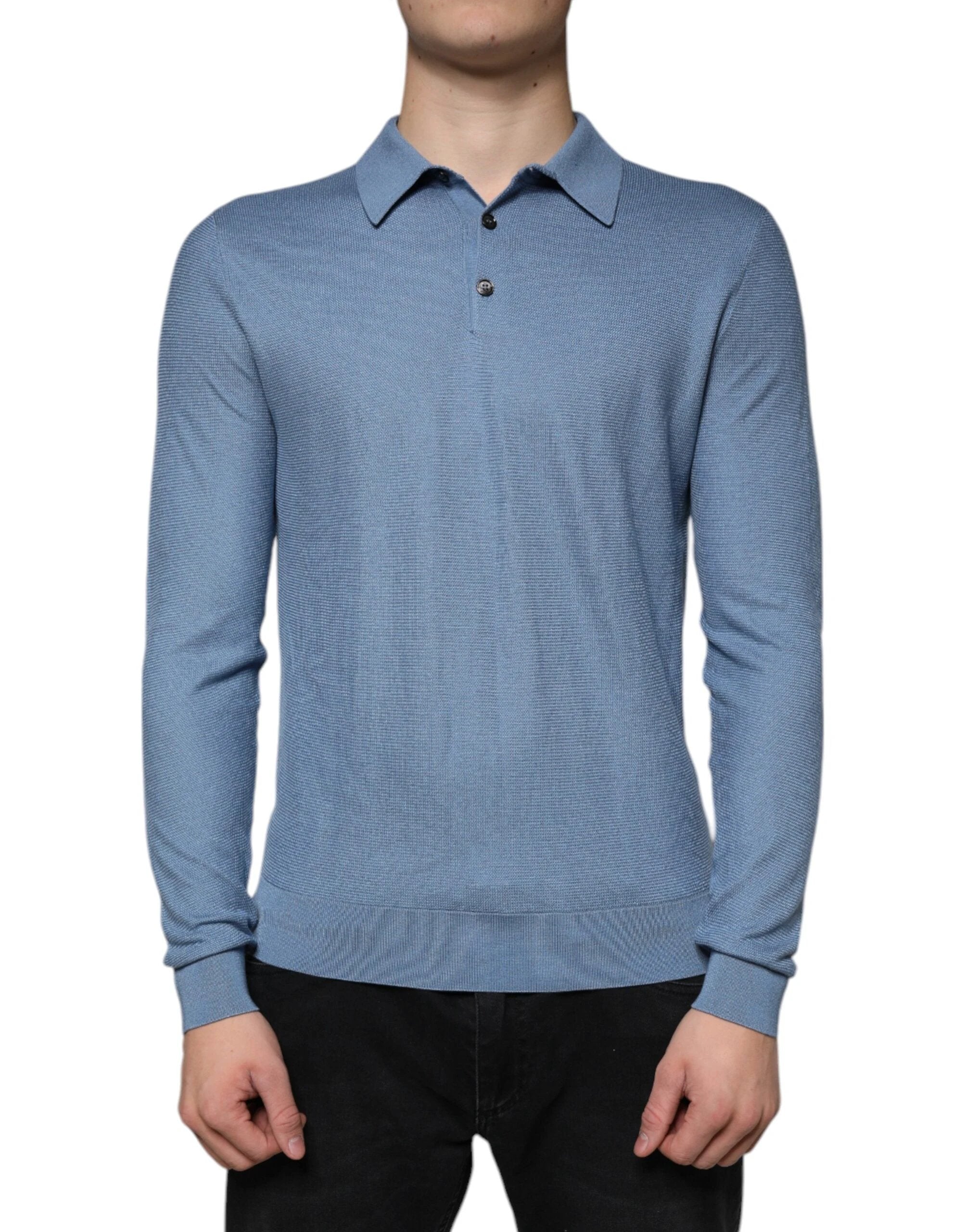 Dolce & Gabbana Sky Blue Silk Collared Men Pullover Sweater by Dolce & Gabbana