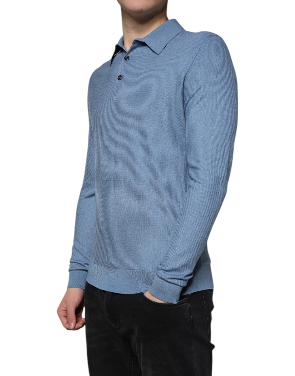Dolce & Gabbana Sky Blue Silk Collared Men Pullover Sweater by Dolce & Gabbana