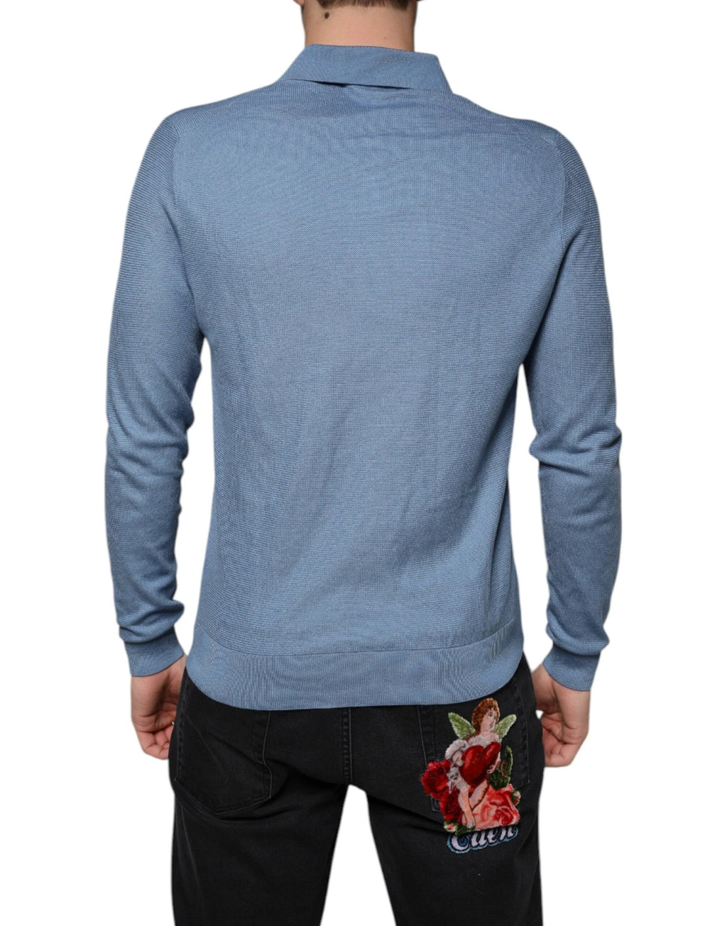 Dolce & Gabbana Sky Blue Silk Collared Men Pullover Sweater by Dolce & Gabbana