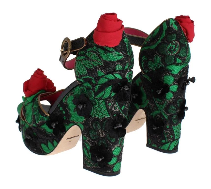 Dolce & Gabbana Green Brocade Snakeskin Roses Crystal Shoes by Dolce & Gabbana