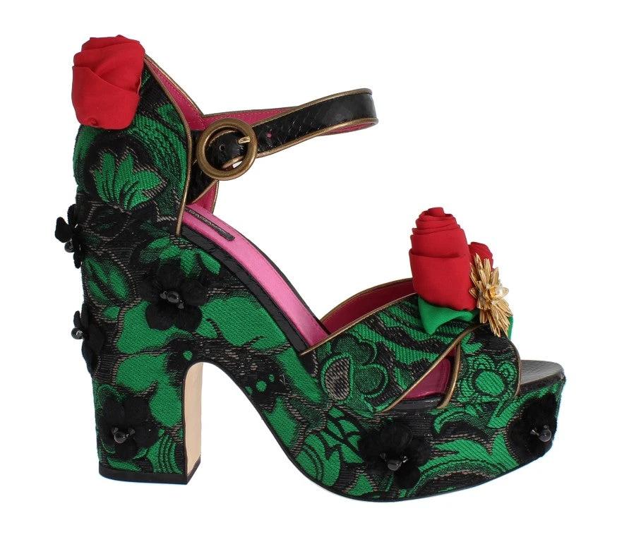 Dolce & Gabbana Green Brocade Snakeskin Roses Crystal Shoes by Dolce & Gabbana