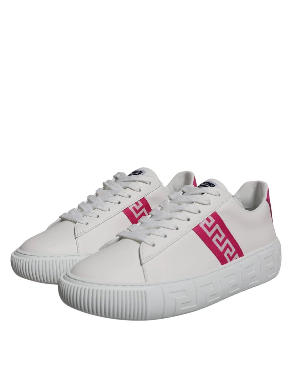 Versace White Pink Greca Print Platform Low Top Sneakers Shoes by Versace