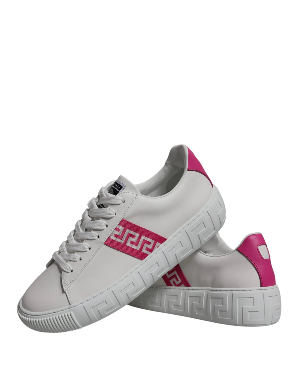 Versace White Pink Greca Print Platform Low Top Sneakers Shoes by Versace