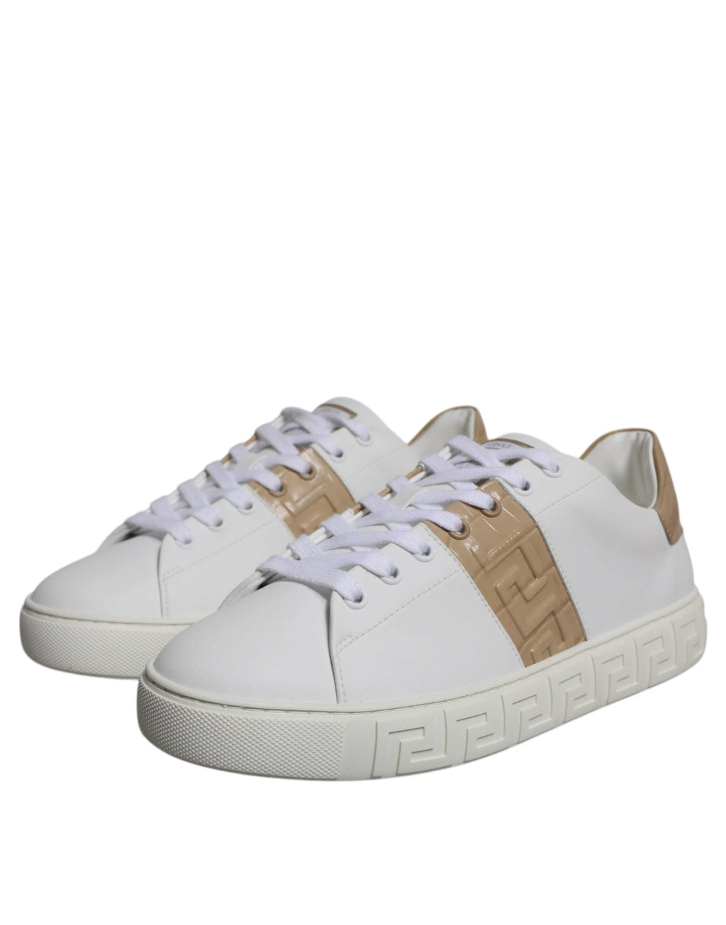 Versace White Brown Greca Print TPU Low Top Men Sneakers Shoes by Versace