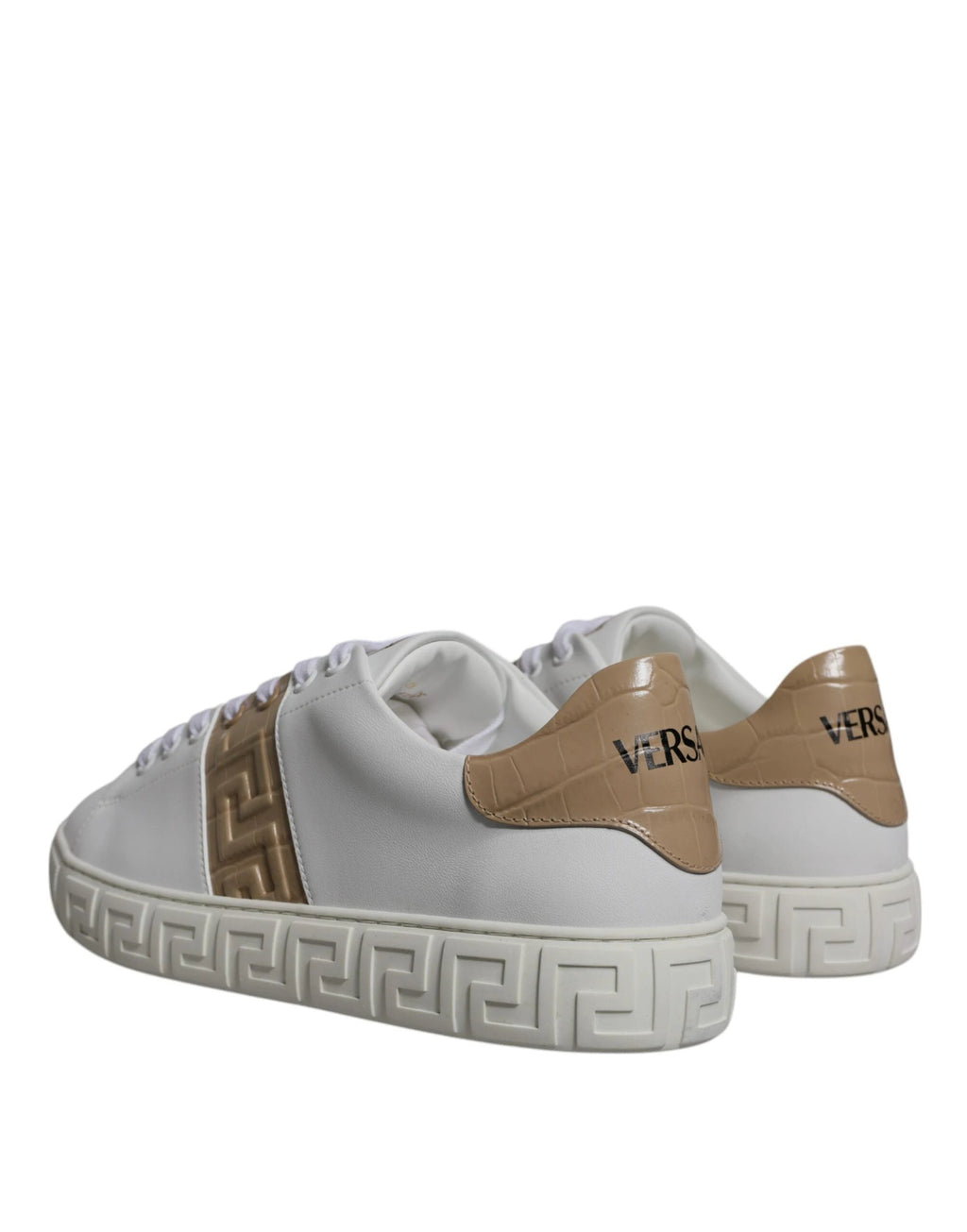 Versace White Brown Greca Print TPU Low Top Men Sneakers Shoes by Versace
