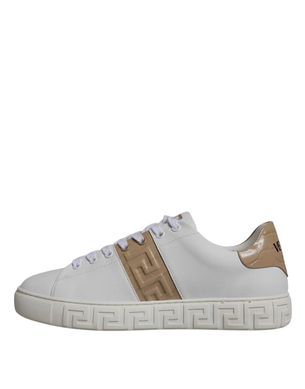 Versace White Brown Greca Print TPU Low Top Men Sneakers Shoes by Versace