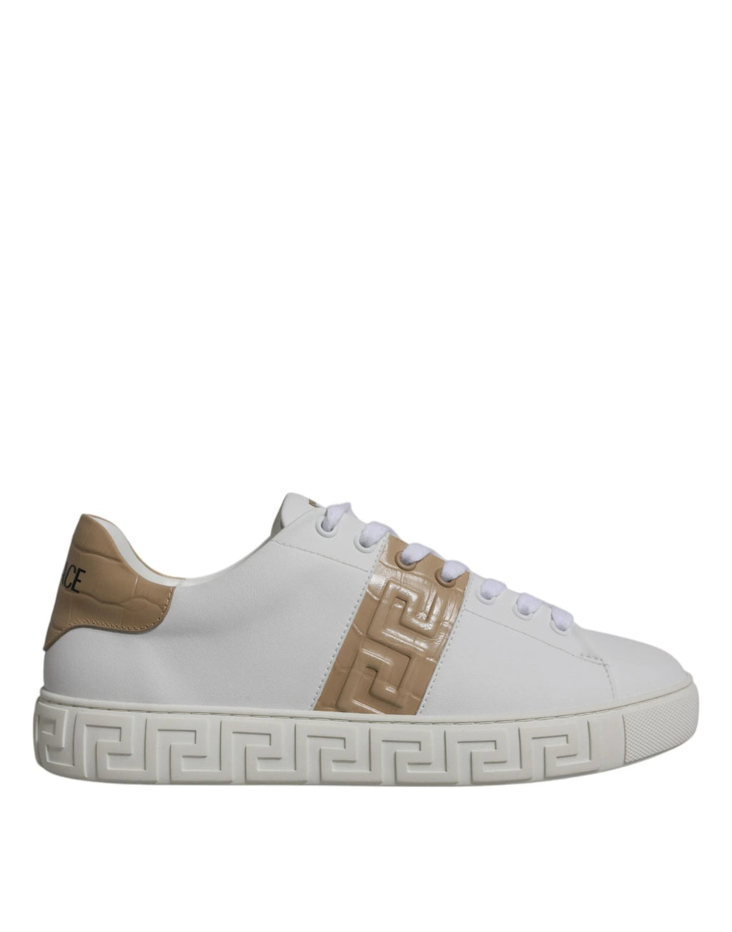 Versace White Brown Greca Print TPU Low Top Men Sneakers Shoes by Versace