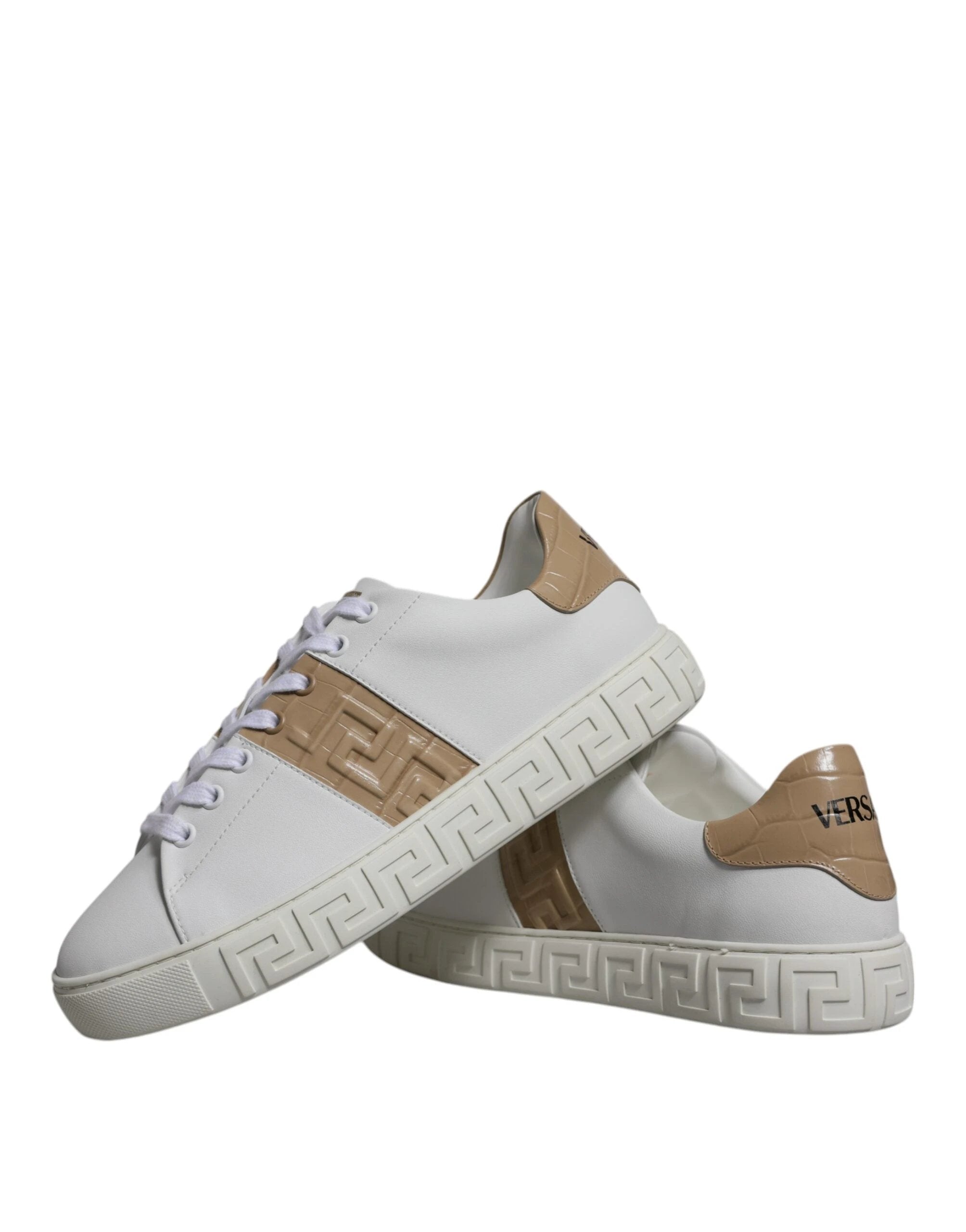 Versace White Brown Greca Print TPU Low Top Men Sneakers Shoes by Versace