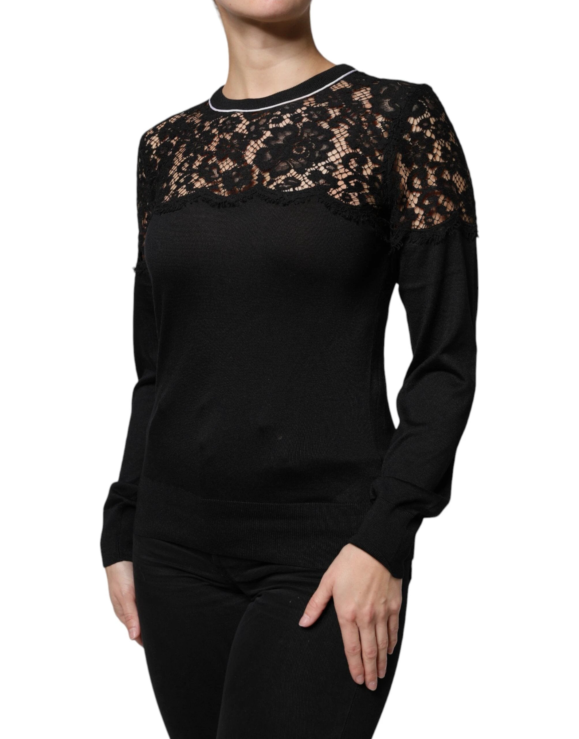Dolce & Gabbana Black Floral Lace Silk Pullover Blouse Top by Dolce & Gabbana
