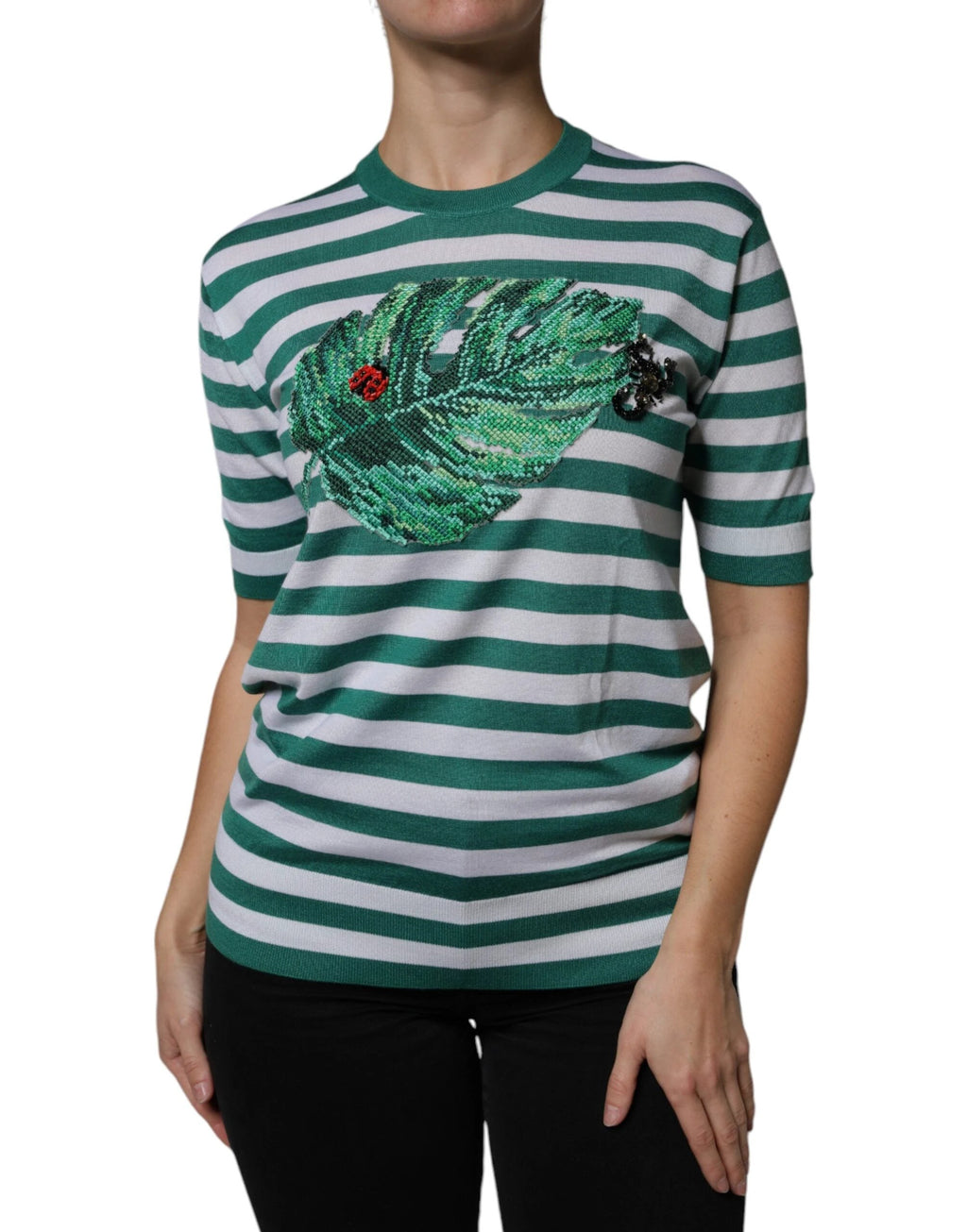Dolce & Gabbana White Green Stripe Leaf Crew Neck T-shirt by Dolce & Gabbana