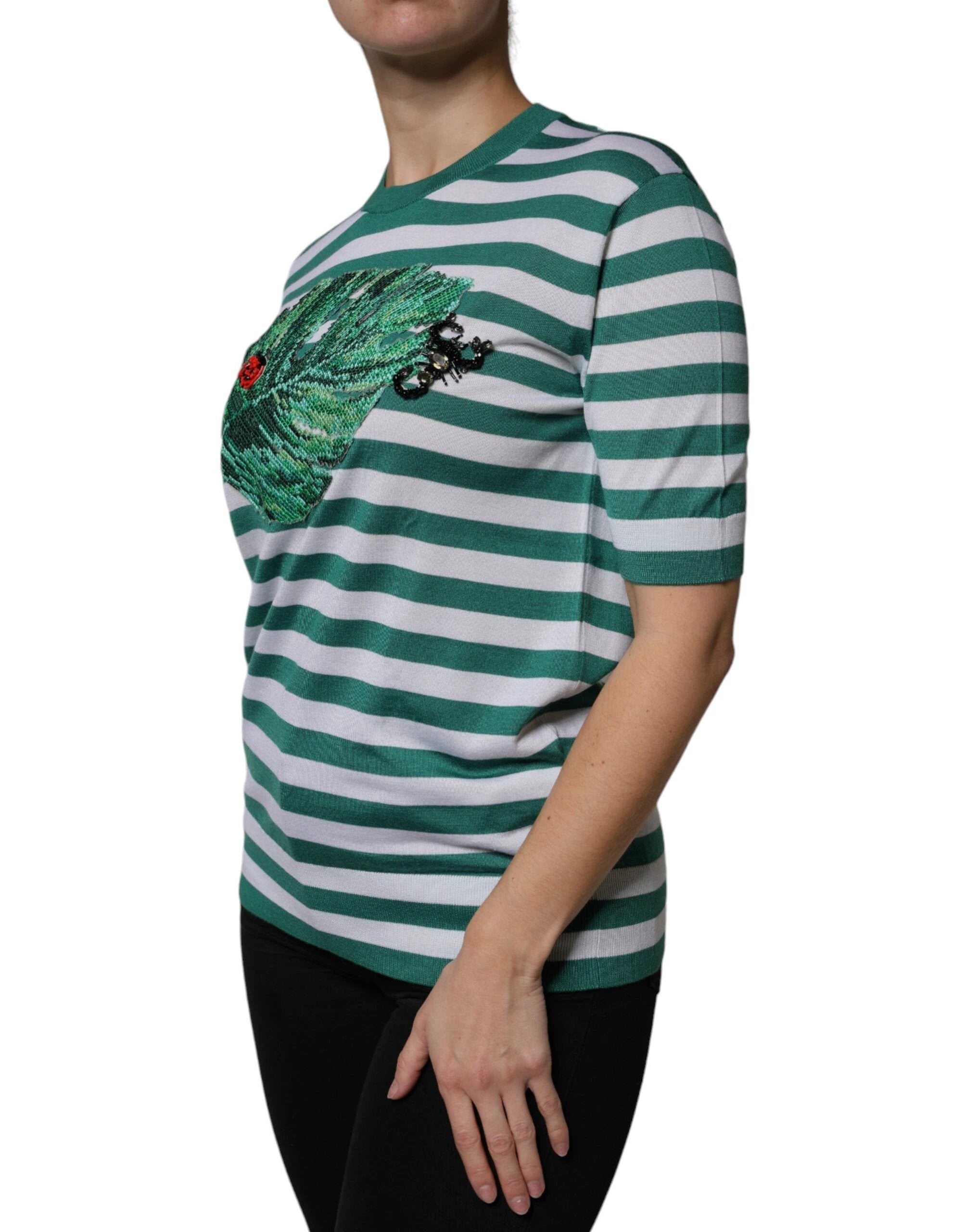 Dolce & Gabbana White Green Stripe Leaf Crew Neck T-shirt by Dolce & Gabbana