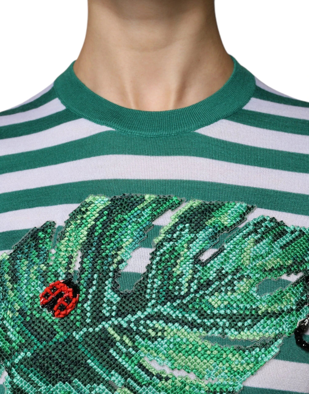 Dolce & Gabbana White Green Stripe Leaf Crew Neck T-shirt by Dolce & Gabbana