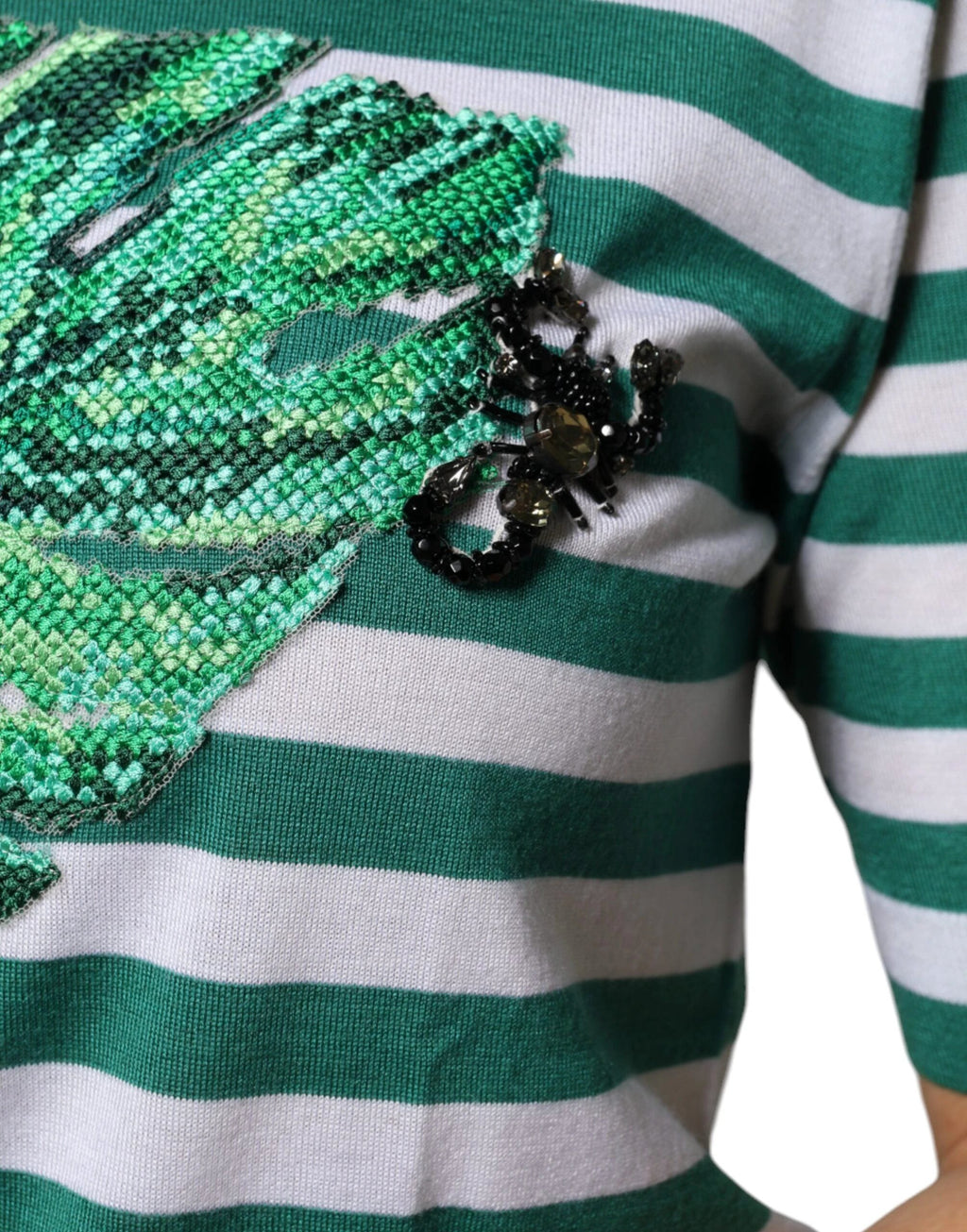 Dolce & Gabbana White Green Stripe Leaf Crew Neck T-shirt by Dolce & Gabbana