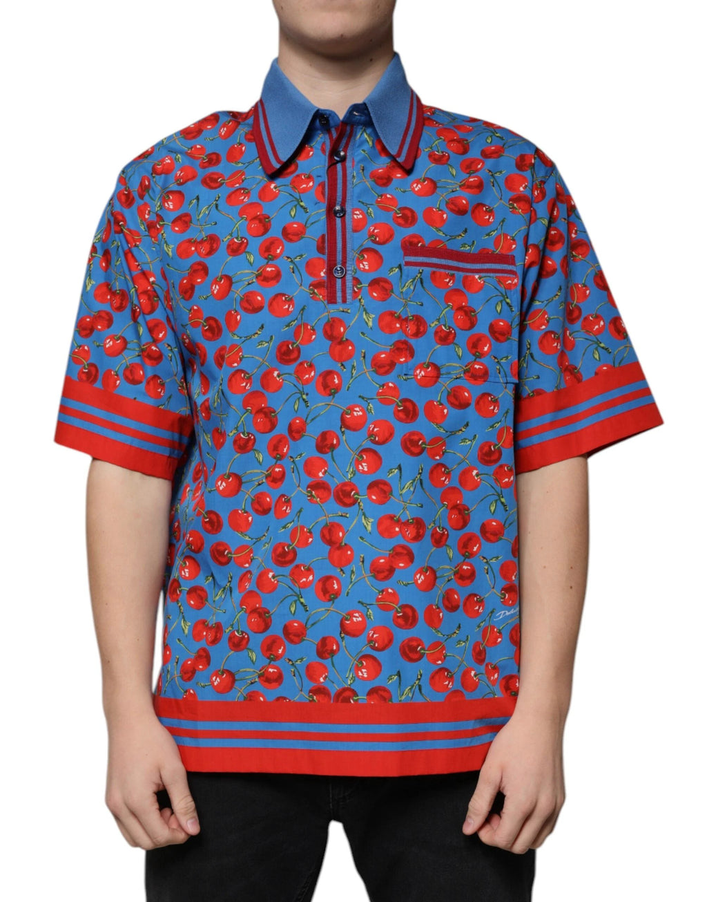Dolce & Gabbana Blue Cherry Cotton Collared Men Polo T-shirt by Dolce & Gabbana