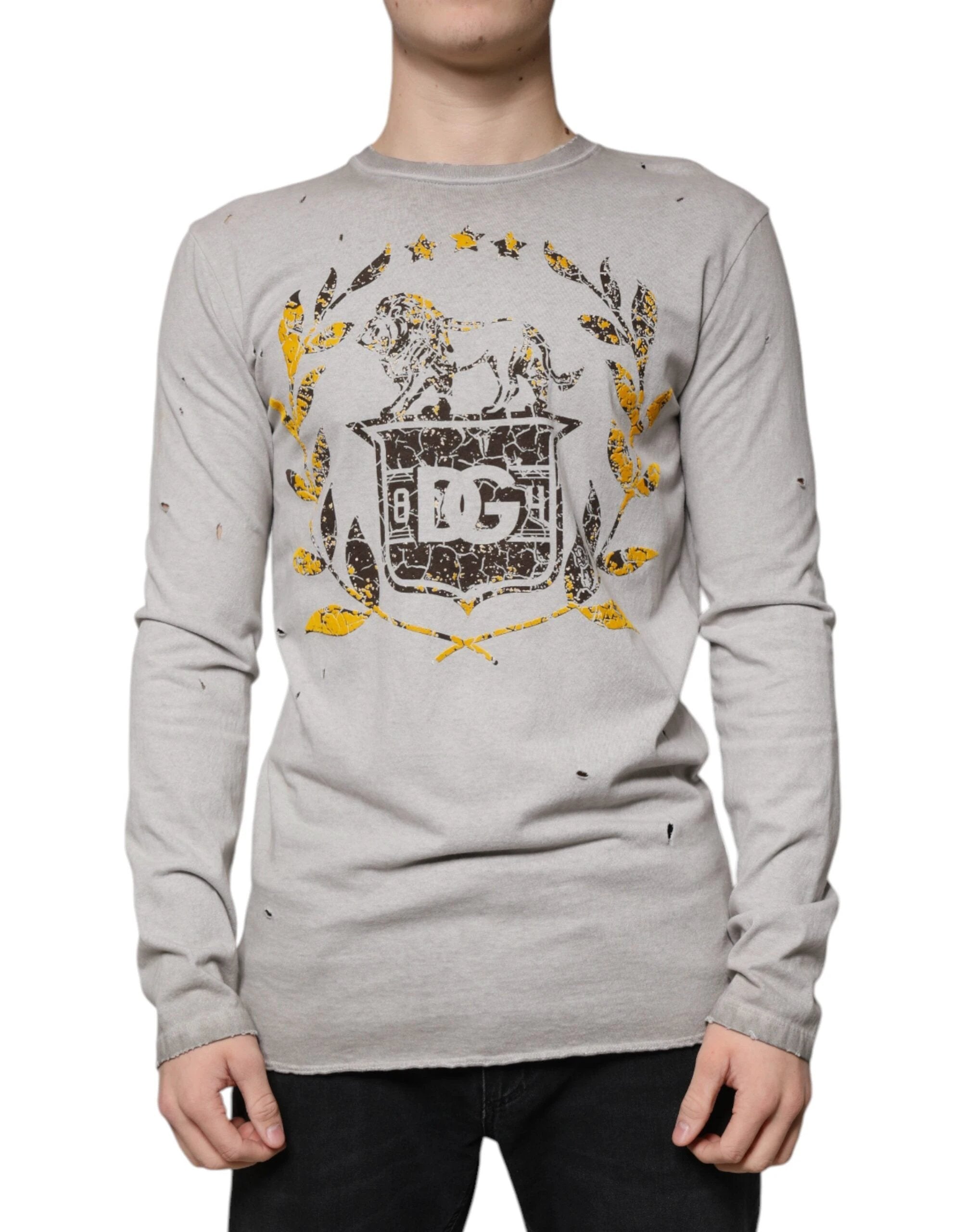 Dolce & Gabbana Gray Printed Cotton Crewneck Pullover Sweater by Dolce & Gabbana